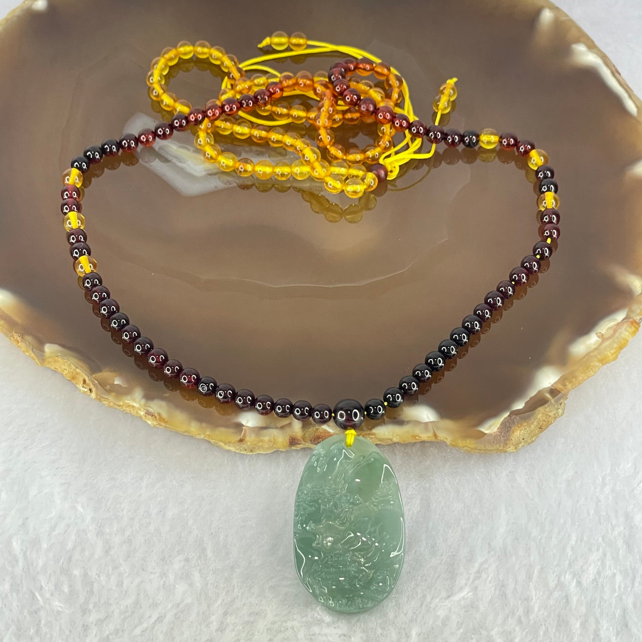 Natural Mixed Color Amber Beads 4.1mm 144 Beads with Type A Blueish Green Jadeite Shan Shui Gui Ren Benefactor Pendant 32.4 by 20.6 by 3.7mm Necklace 10.82g 58cm