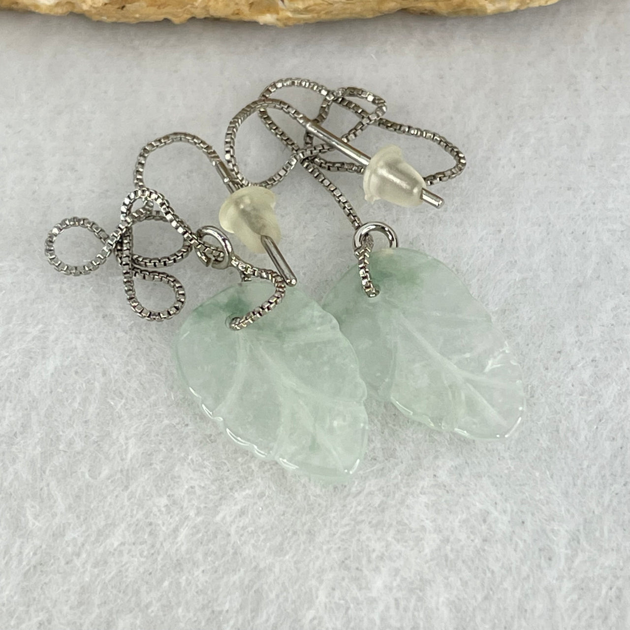 Type A Icy Faint Blueish Green Jadeite Leaf Charm in S925 Sliver Earrings 1.27g 15.3 by 9.5 by 1.0mm