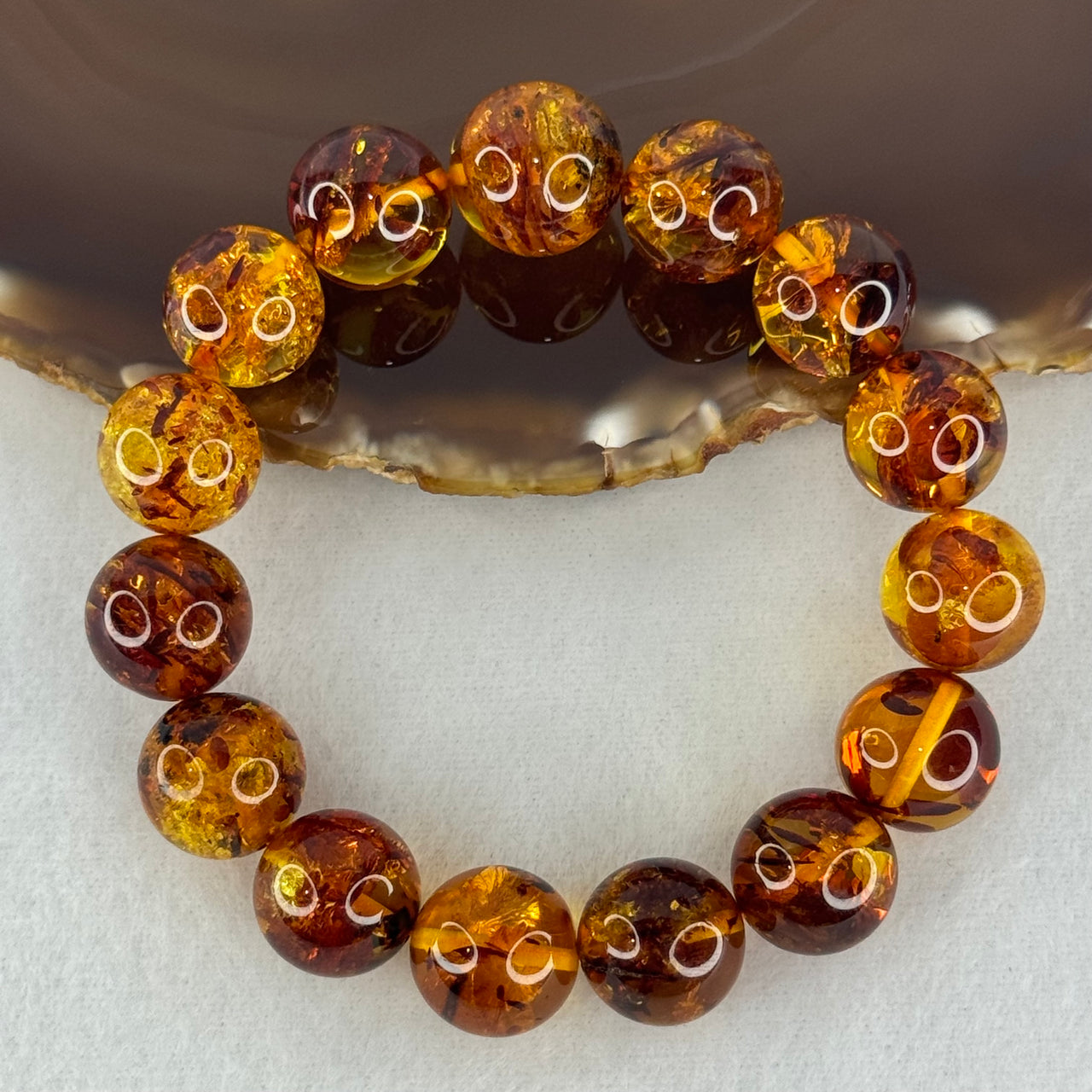 Natural Yellow Flower Amber Beads Bracele 天然黄金花珀手链 23.65g 18cm 14.0mm 15 Beads