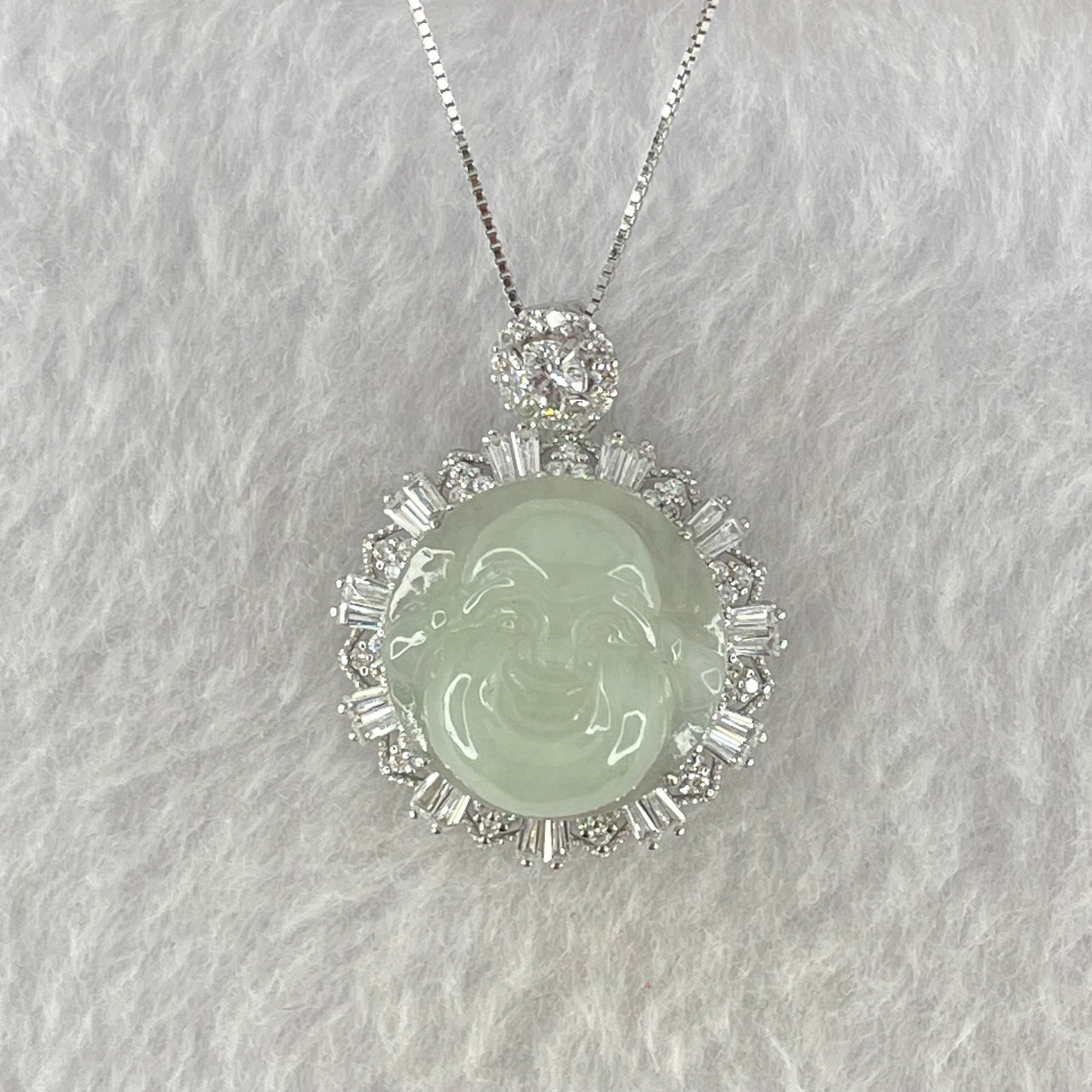 Type A Faint Green Lavender Milo Buddha with Crystals in S925 Sliver Pendant and Necklace 6.77g 16.5 by 16.5 by 7.5mm