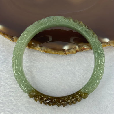 Type A Blueish Green and Brown Patches Jadeite Lotus Flowers Bangle 39.19g Internal Diameter 55.2mm 10.9 by 8.2mm