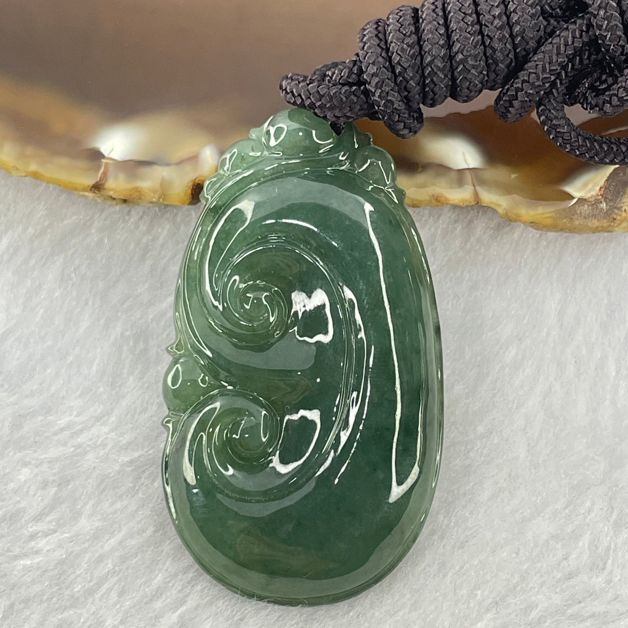 Type A Dark Blueish Green Jadeite Ruyi Pendant 14.59g 46.6 by 26.1 by 6.1mm