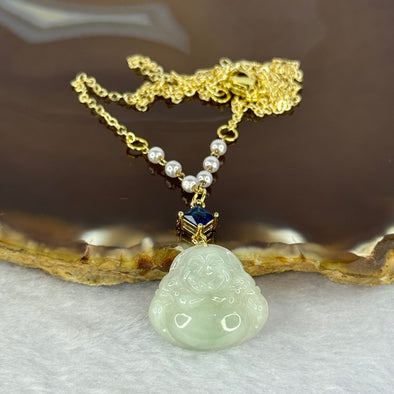 Type A Green Jadeite Milo Buddha Pendent Gold Color Necklace 5.28g 17.8 by 19.6 by 5.6mm