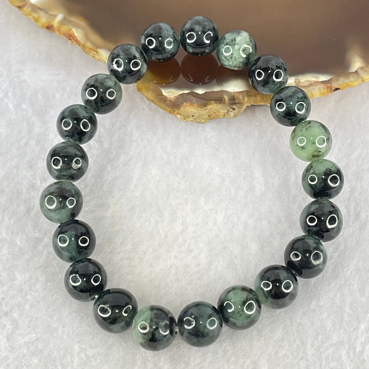 Partial Translucent Type A Dark Green and Green Piao Hua Jadeite Beads Bracelet 31.53g 17cm 9.9mm 21 Beads