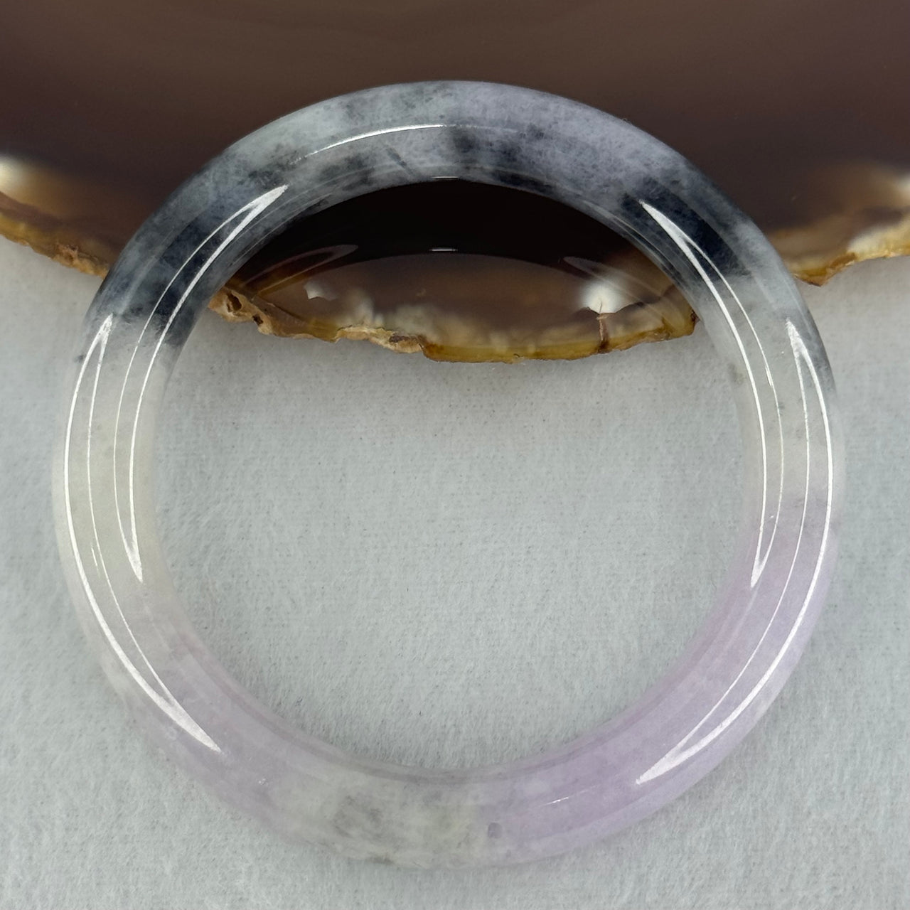 Type A Bright Lavender with Wuji Black Grey Patches Jadeite Bangle Internal Diameter 52.9mm 45.83g 9.9 by 9.0mm (Very Slight Internal Lines)