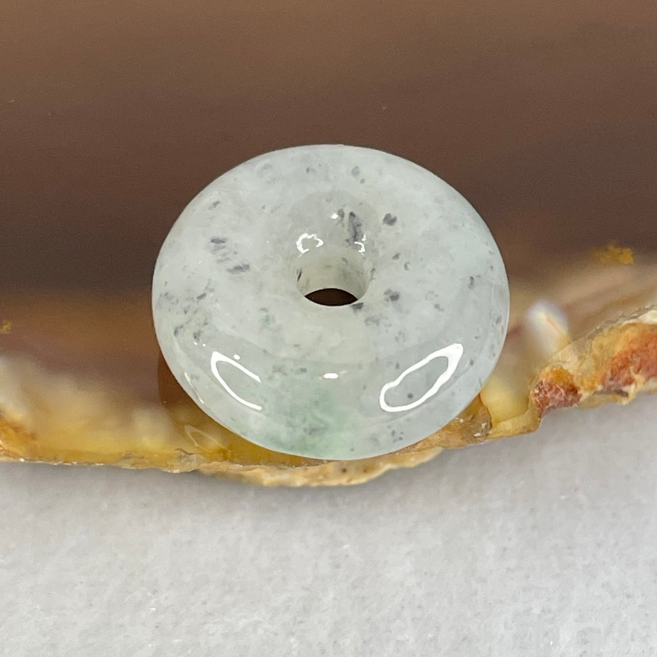 Type A Semi Icy Light Green With Wuji Grey Spots Jadeite Ping An Kou Donut Pendant 3.23g 16.1 by 6.2mm