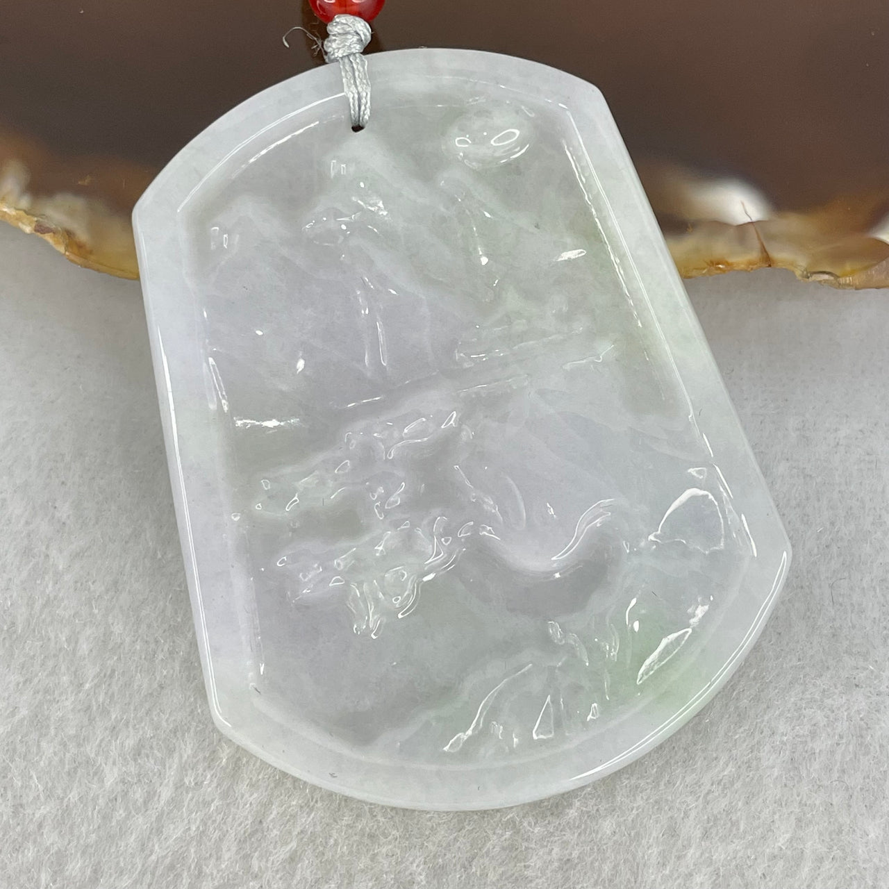 Type A Faint Lavender Green Jadeite Shan Shui Pendant 20.17g 54.5 by 42.5 by 4.0mm