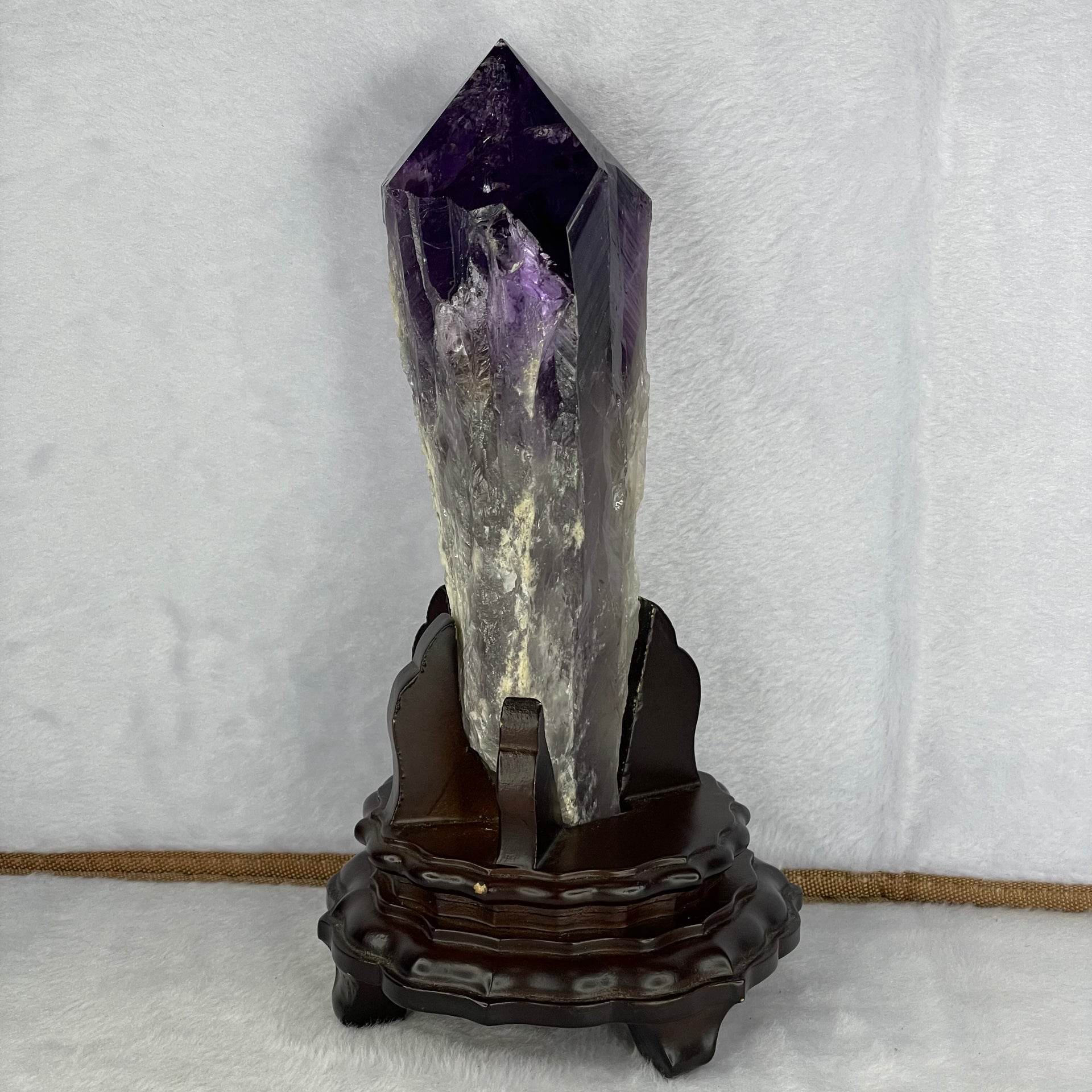 High Grade Natural Uruguay Deep Intense Amethyst Tower with Wooden Stand 1,054.4g 215.0 by 120.0 by 11.5mm - Huangs Jadeite and Jewelry Pte Ltd