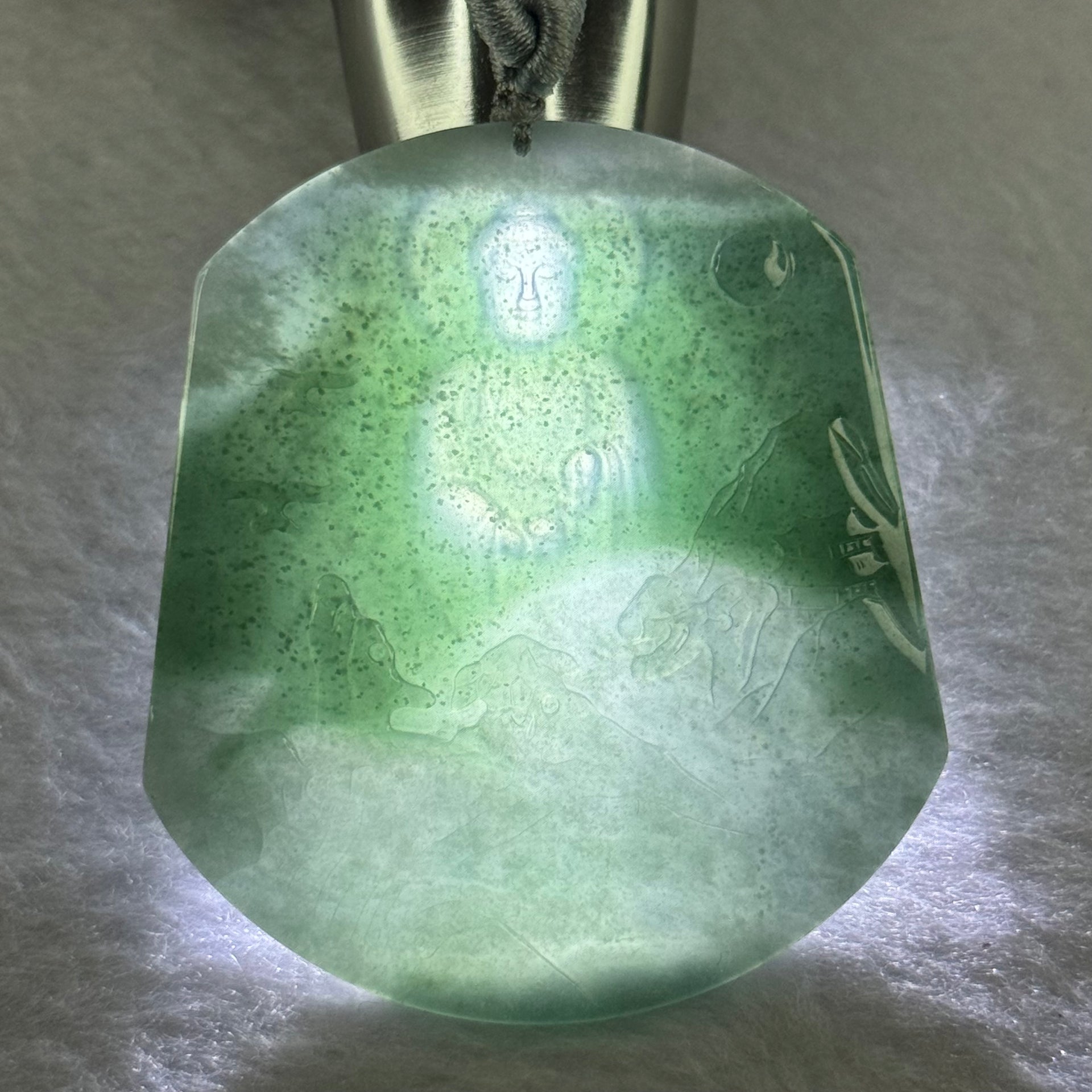 Type A Blueish Green Jadeite Shan Shui with Buddha Pendent 25.10g 58.1 by 51.3 by 3.5mm - Huangs Jadeite and Jewelry Pte Ltd