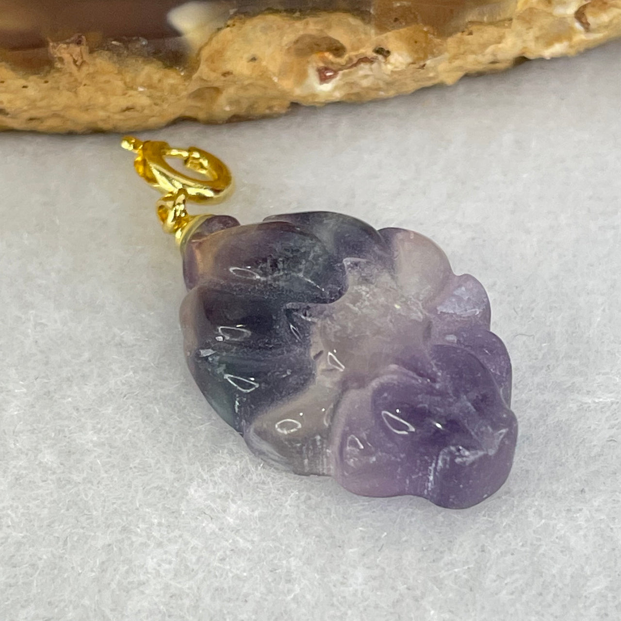 Natural Purple and Green Fluorite 9 Tail Fox Charm Pendant 4.85g 23.3 by 16.1 by 7.4mm