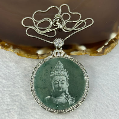 Type A Blueish Green Jadeite Buddha S925 Sliver Pendent with Crystals in Sliver Necklace 15.97g 38.0 by 2.0mm