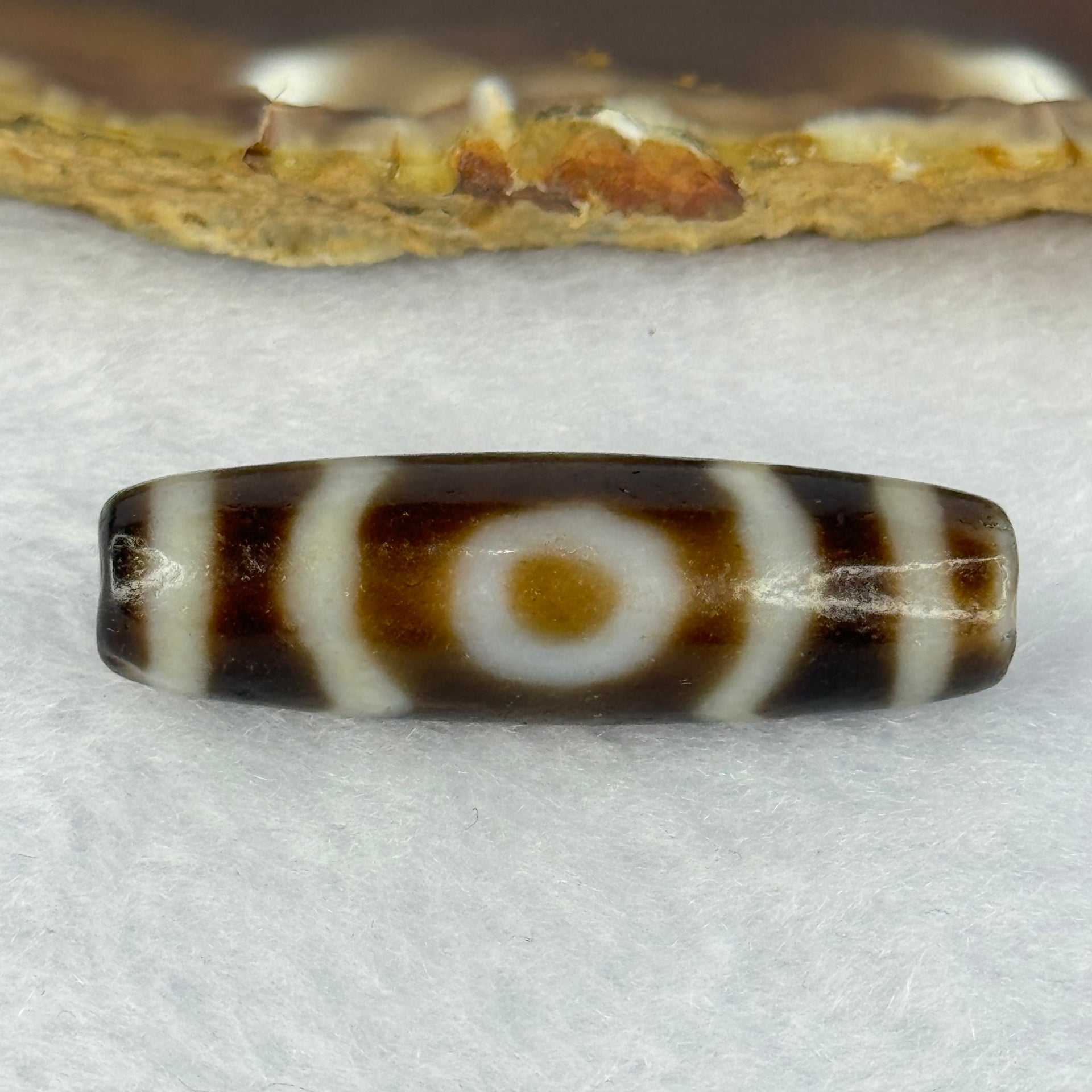 Natural Powerful Tibetan Old Oily Agate 3 Eyes Dzi Bead Heavenly Master (Tian Zhu) 三眼天诛 7.89g 38.5 by 11.5mm - Huangs Jadeite and Jewelry Pte Ltd