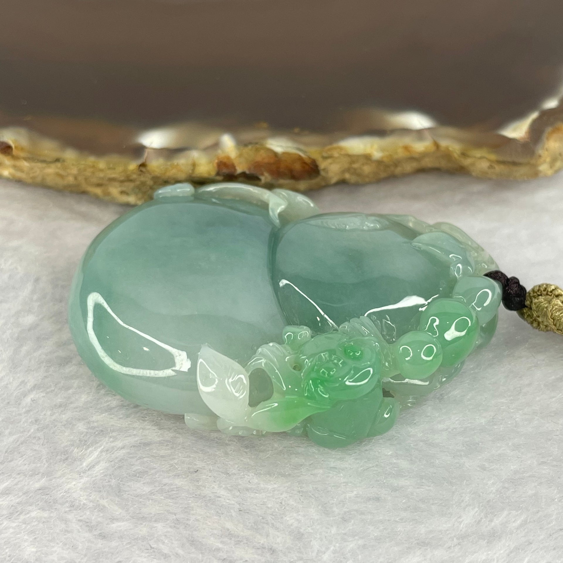 Grand Master Type A Sky Blue with Bright Green Hulu with Monkey & Ruyi 38.25g 50.0 by 36.7 by 11.4mm with Wooden Stand - Huangs Jadeite and Jewelry Pte Ltd