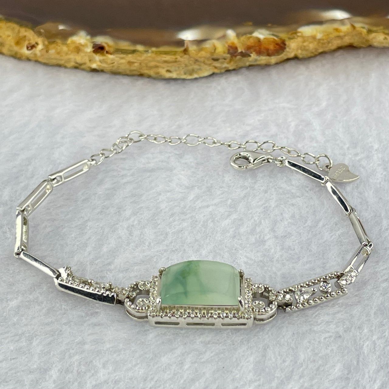 Type A Icy Lavender with Blueish Green Flora Jadeite Wu Shi Pai with Crystals in S925 Sliver 6.40g 12.8 by 8.1 by 3.0mm