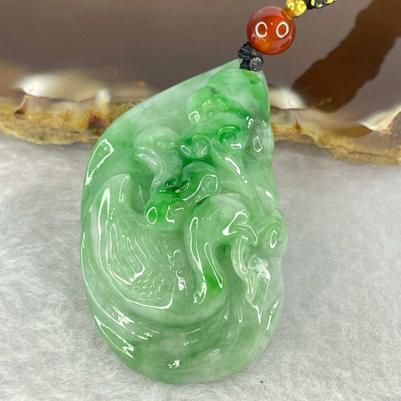 Type A Light Green with Spicy Green Piao Hua Jadeite Mandarin Duck Ruyi Pendent 20.10g 42.1 by 24.7 by 12.6mm