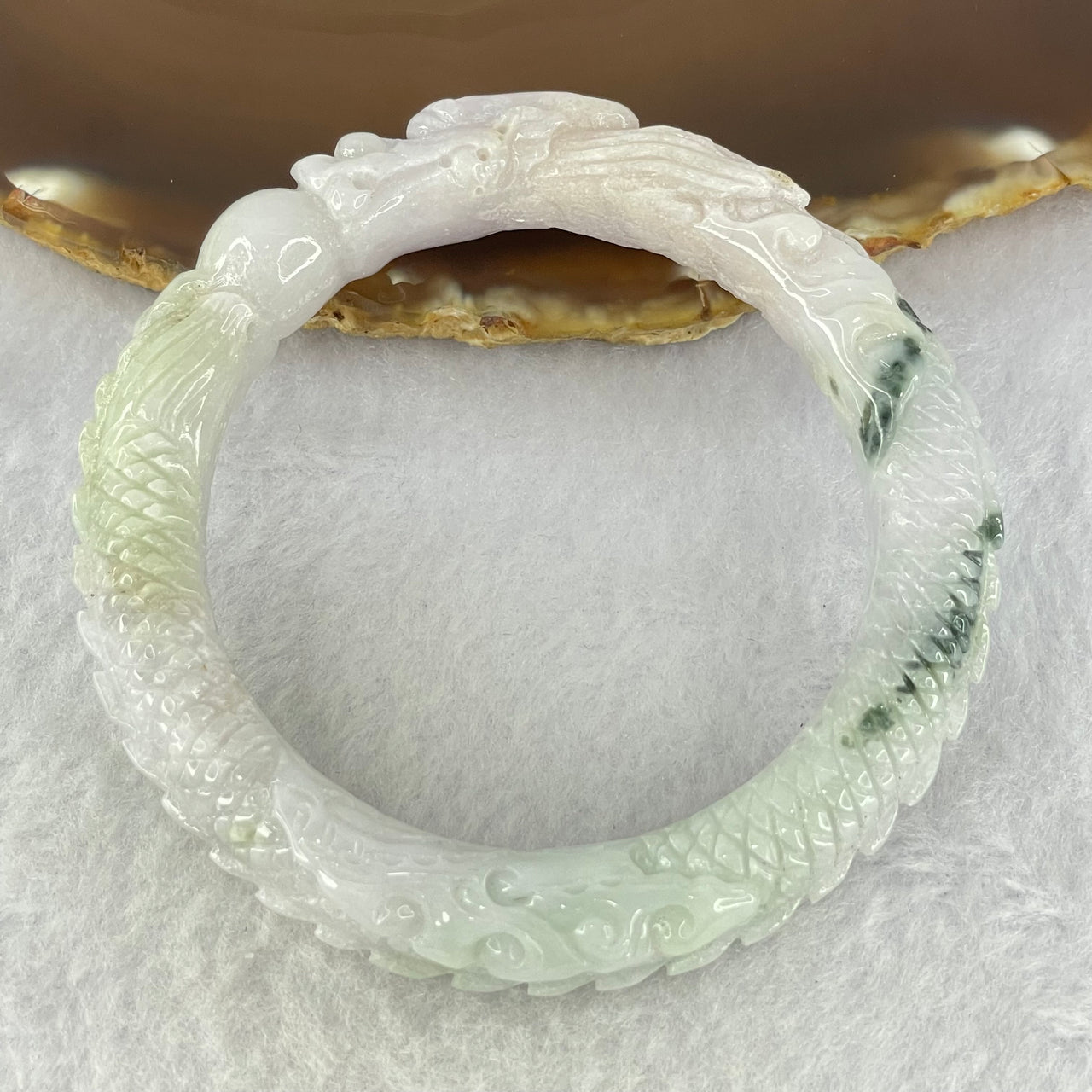 Type A  Lavender and Green with Green Piao Hua Jadeite Dragon Bangle Internal Diameter 55.2mm 67.79g 14.0 by 11.0mm (Internal Lines)