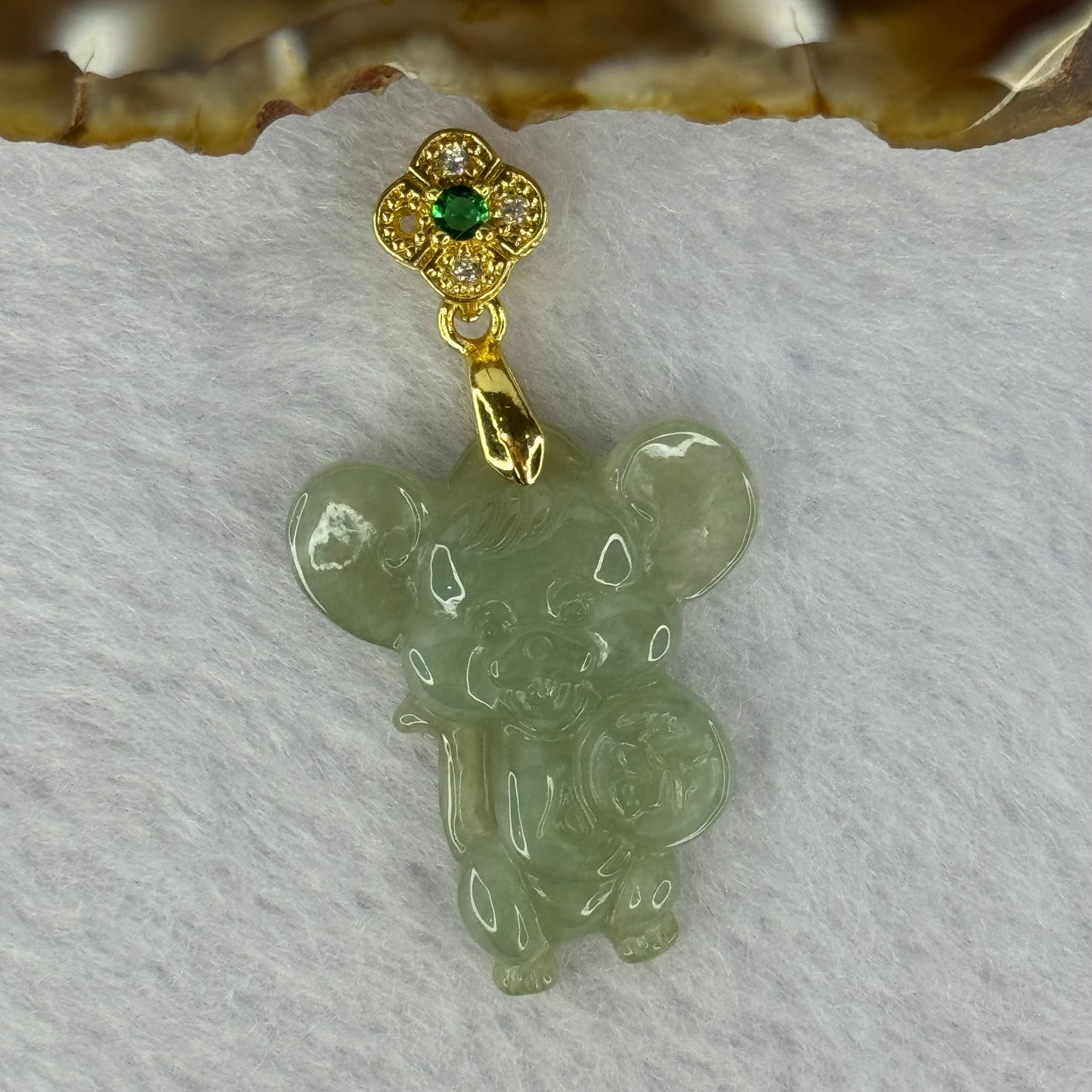 Type A Semi Icy Full Green Jadeite Rat Charm in S925 Sliver Gold Color Claps 5.44g 28.9 by 24.0 by 5.0mm