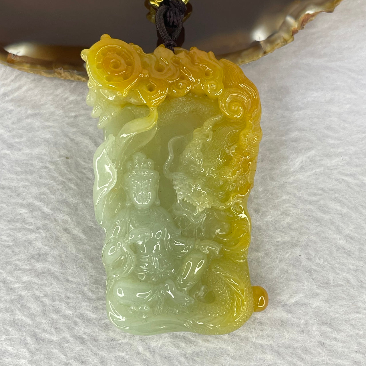 Grand Master Type A Green with Yellow Jadeite  Guan Yin and Dragon 御龙观音 Pendent 67.34g 68.0 by 41.3 by 13.4mm - Huangs Jadeite and Jewelry Pte Ltd