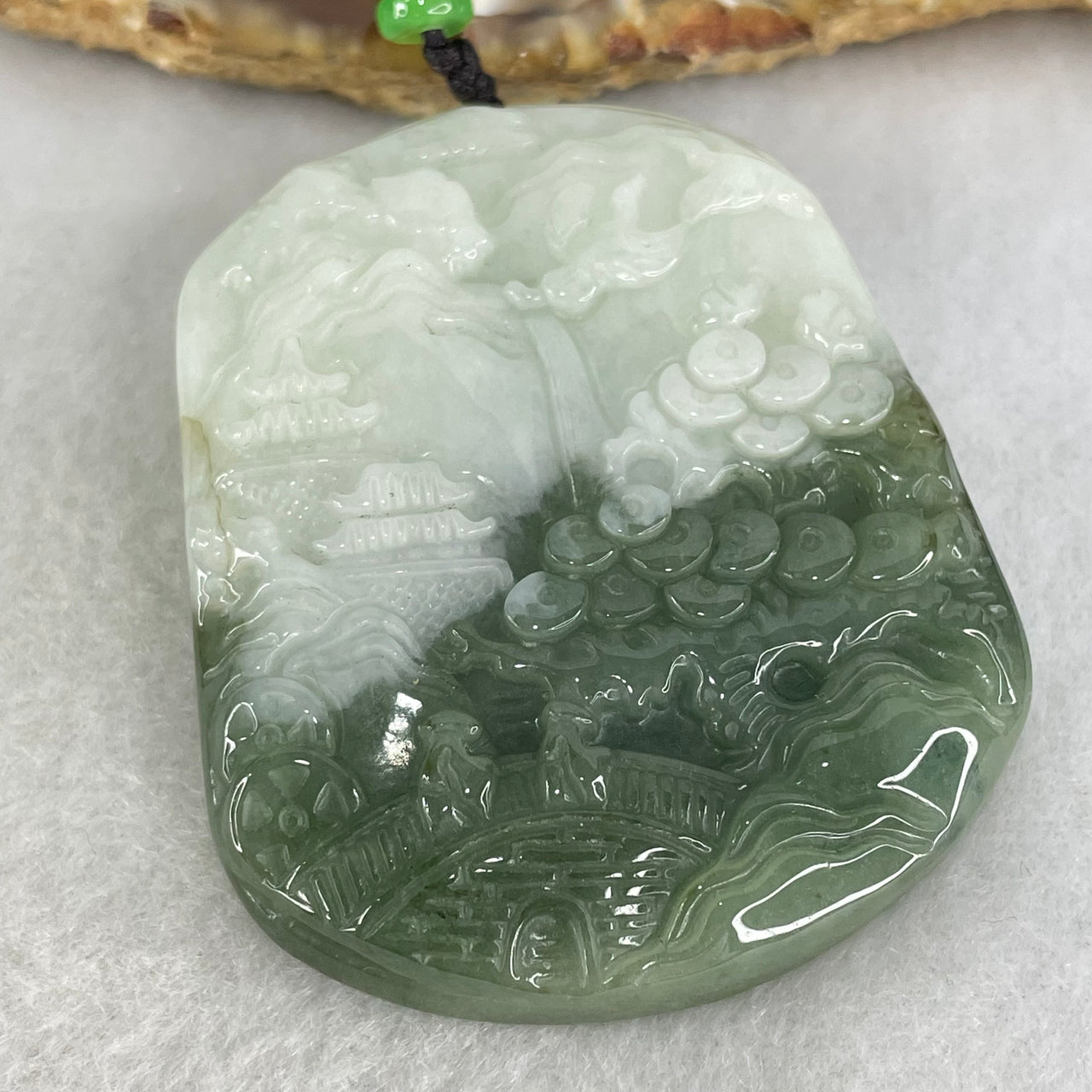 Type A Light Green with Blueish Green Jadeite Shan Shui Double Gui Ren Benefactor Pendant 45.80g 54.1 by 43.8 by 9.0mm