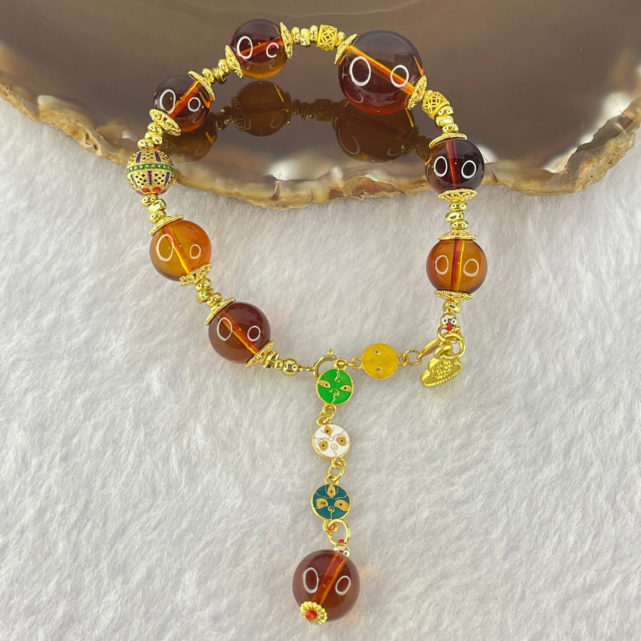 Natural Purple Honey Amber Beads in S925 Gold Color Bracelet 天然紫蜜琥珀手链10.66g 13.8mm 1 Bead 9.8mm 7 Beads