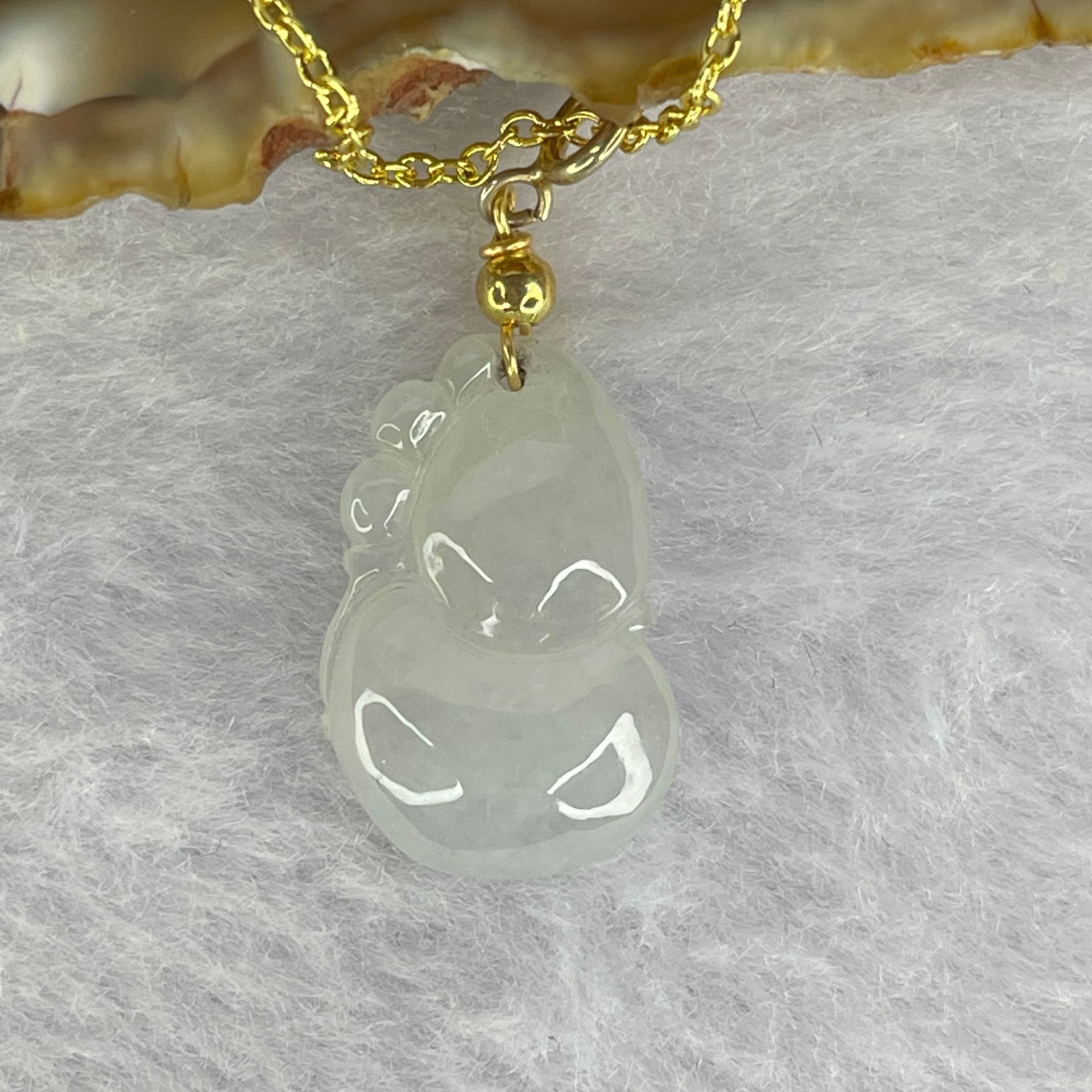 Type A Semi Icy White Jadeite Hulu in 14KGF Necklace 2.35g by 19.8 by 12.8 by 5.6mm - Huangs Jadeite and Jewelry Pte Ltd