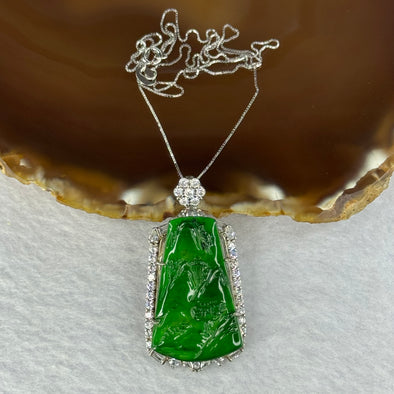 Type A ICY Green Omphasite Jadeite Shan Shui Pendent With Crystals in S925 Sliver Necklace 7.44g 32.2 by 20.4 by 2.5mm