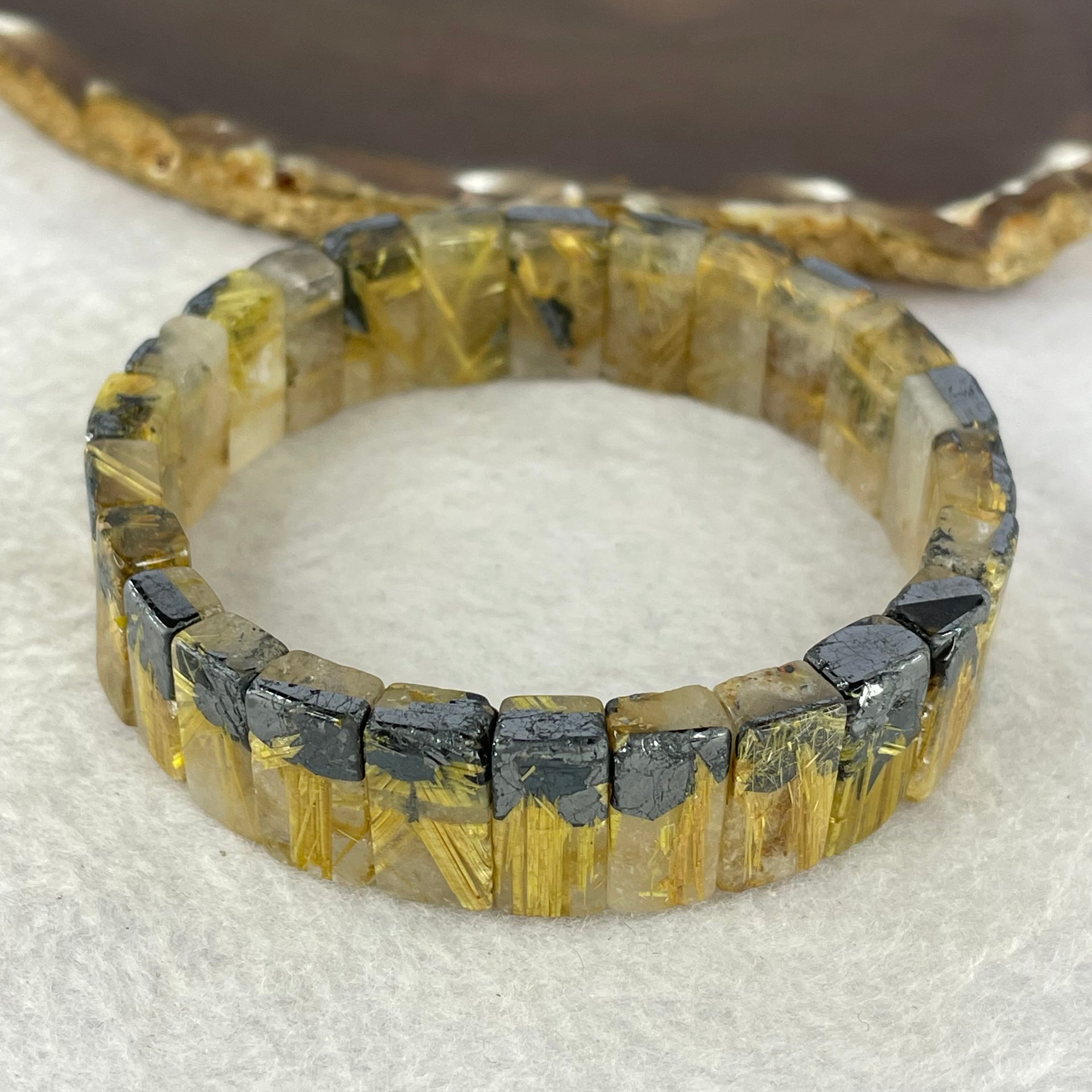 Rare Certified High Grade Natural Golden Rutilated Quartz Bracelet Shou Pai 天然高级金顺发水晶手牌手链 50.63g 18cm 15.7 by 9.9 by 6.2mm 25 pcs - Huangs Jadeite and Jewelry Pte Ltd