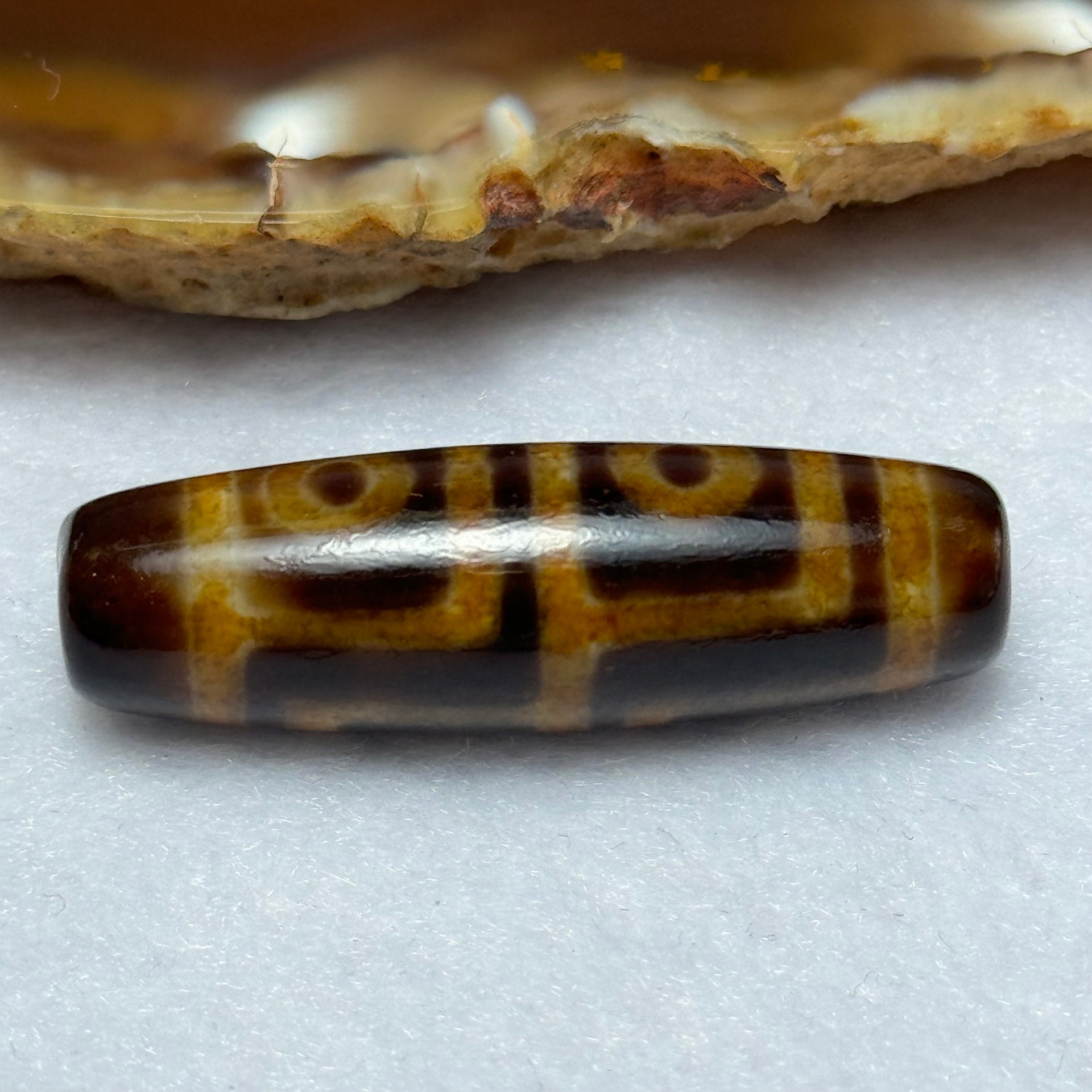 Natural Powerful Tibetan Old Oily Agate 4 Eyes Dzi Bead Heavenly Master (Tian Zhu) 四眼天诛 7.55g 37.6 by 11.5mm - Huangs Jadeite and Jewelry Pte Ltd