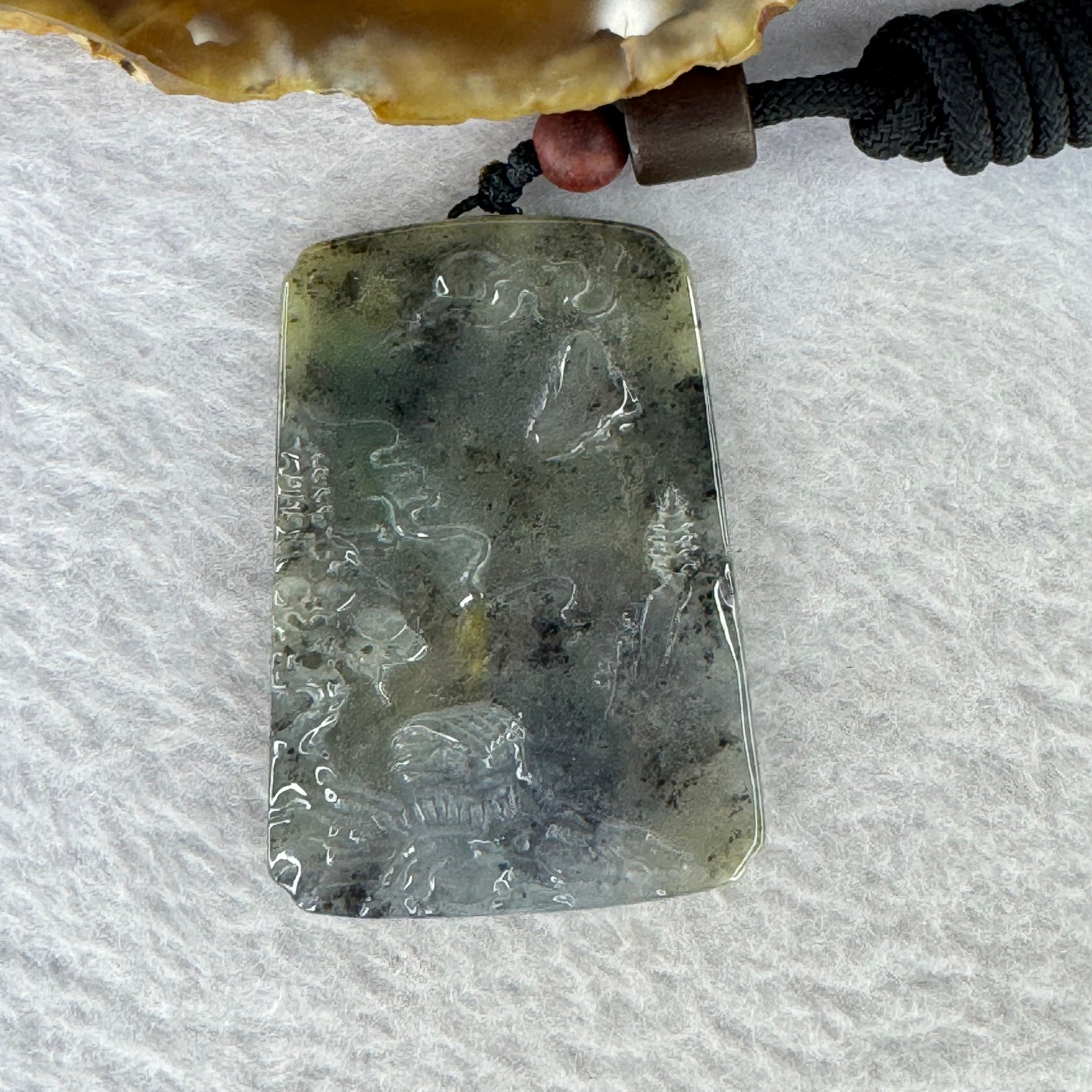 Type A Semi Icy Grey with Yellow Patches Jadeite Shan Shui with Pagodas Pendent 24.85g 47.5 by 33.7 by 5.9 mm - Huangs Jadeite and Jewelry Pte Ltd