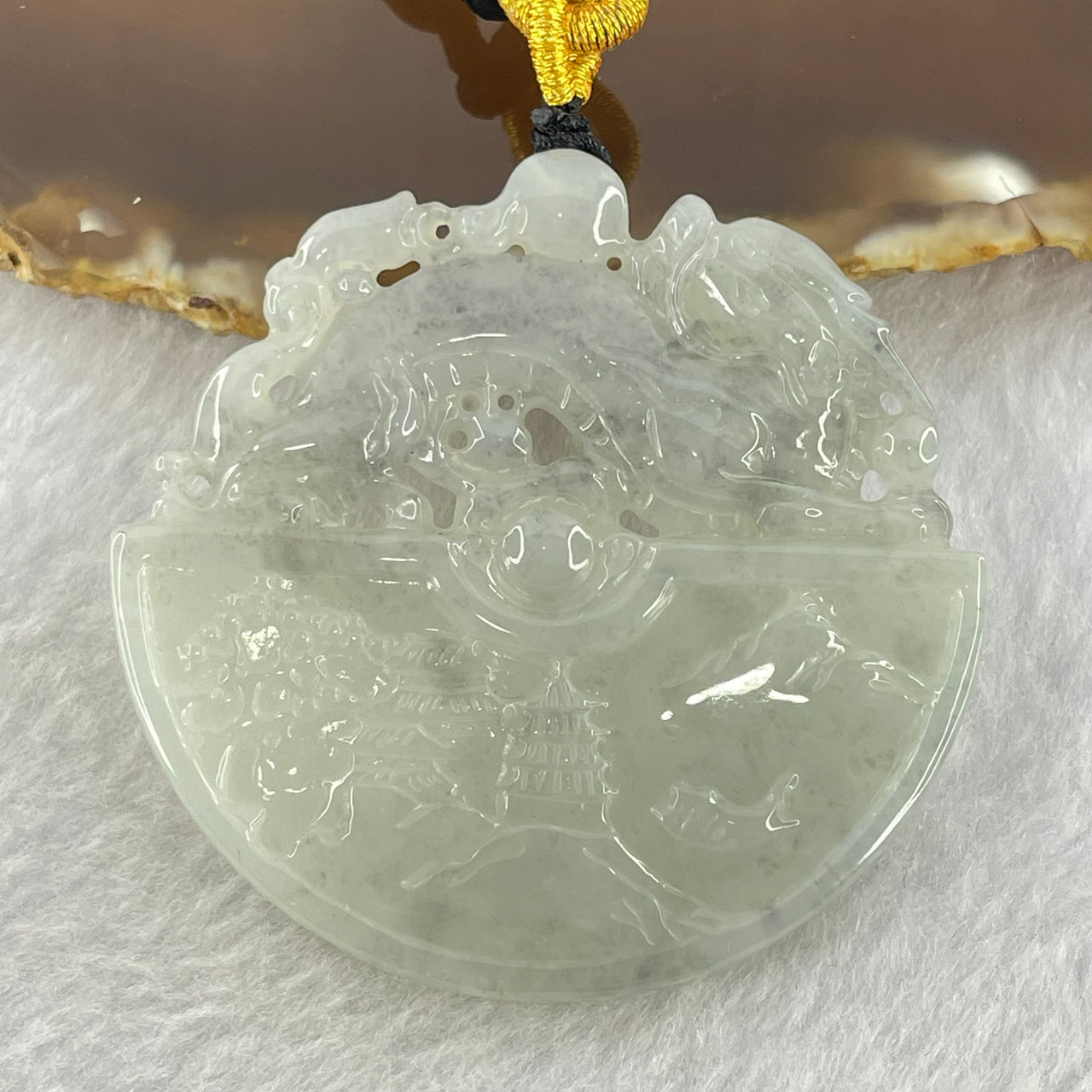 Type A Semi Icy Light Green with Wuji Grey Jadeite Double Sided Dragon on Shan Shui Pendent 30.34g 53.1 by 54.0 by 5.6mm