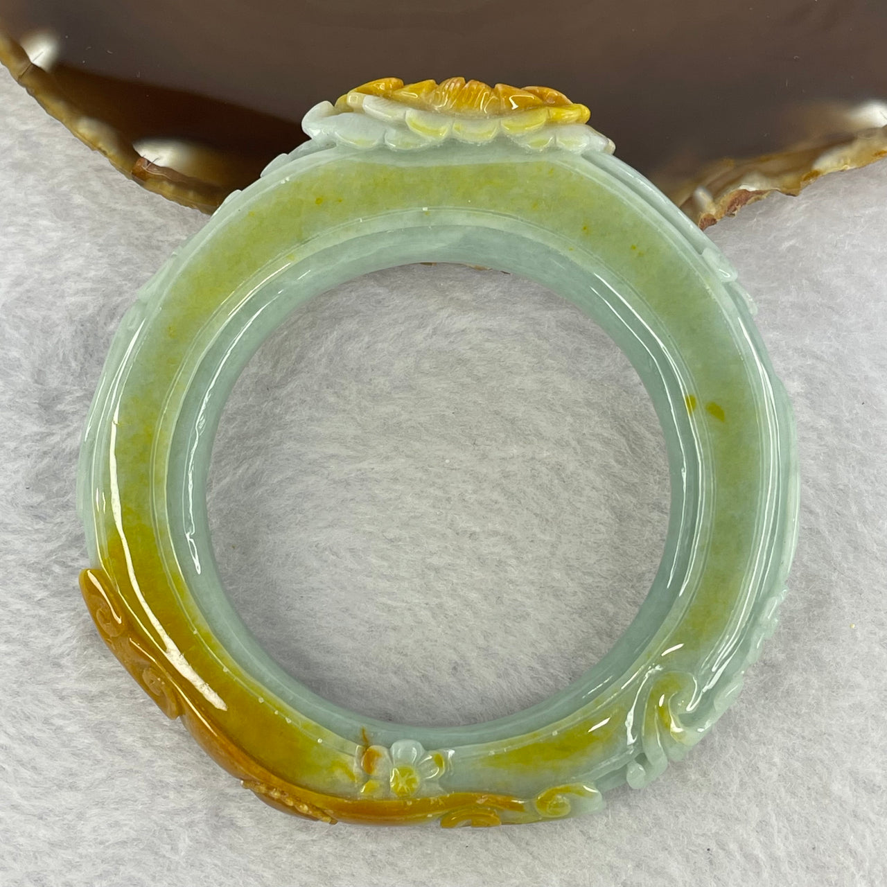 Type A Sky Blue and Yellow Jadeite Lotus Flower and Ruyi Bangle 96.91g Inner Diameter 54.6mm 11.0 by 22.4mm (Very Fine Internal Lines) - Huangs Jadeite and Jewelry Pte Ltd