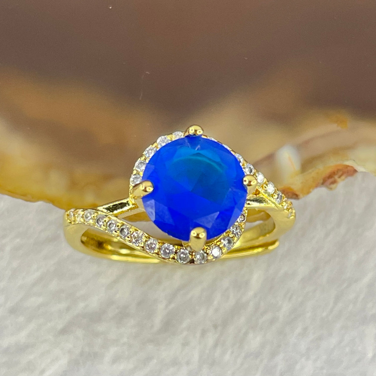 Blue Cubic Zirconia with Crystals in 18K Gold Plated Silver Ring (Adjustable Size) 2.00g 7.5 by 5.0mm