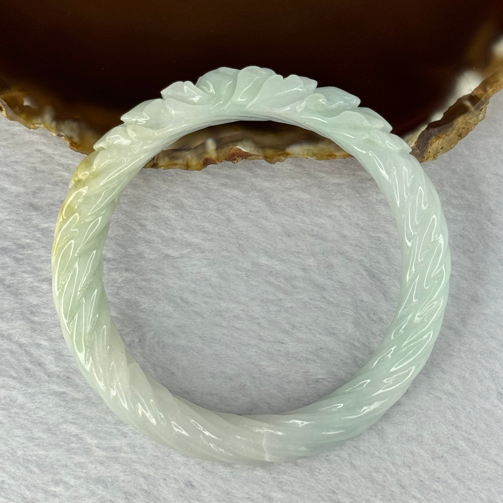 Type A Light Sky Blue with Yellow Patch Jadeite Flower Bangle 44.10g 11.7 by 9.0mm Inner Diameter 53.6mm - Huangs Jadeite and Jewelry Pte Ltd