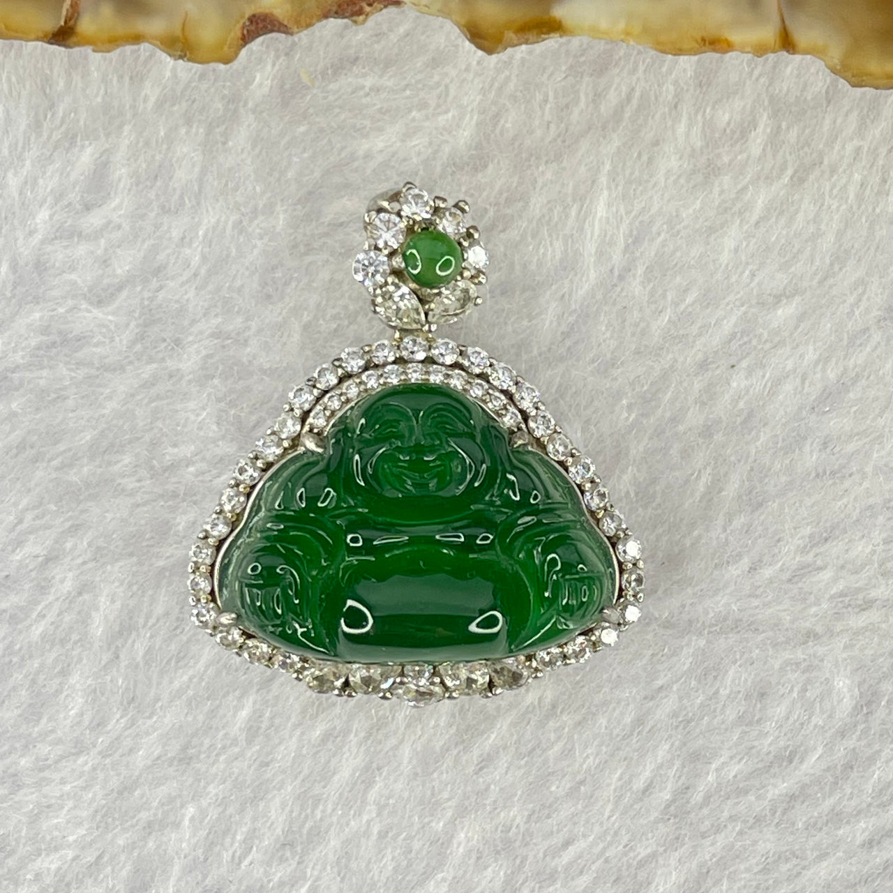 Type A Icy Green Omphasite Jadeite Milo Buddha Pendent in S925 Sliver Setting 7.44g 14.8 by 20.2 by 5.5mm