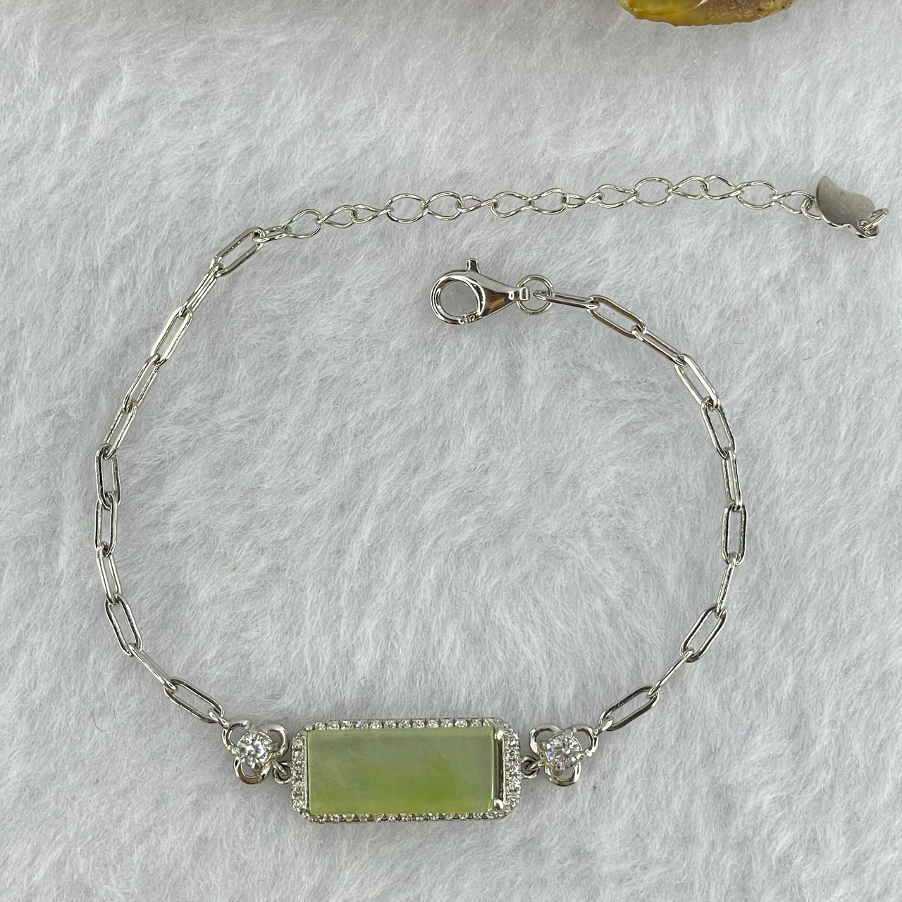 Type A Icy Green Jadeite Mini Rectangle Wu Shi Pai with Crystals in S925 Sliver Bracelet 4.18g 14.8 by 7.0 by 1.6mm