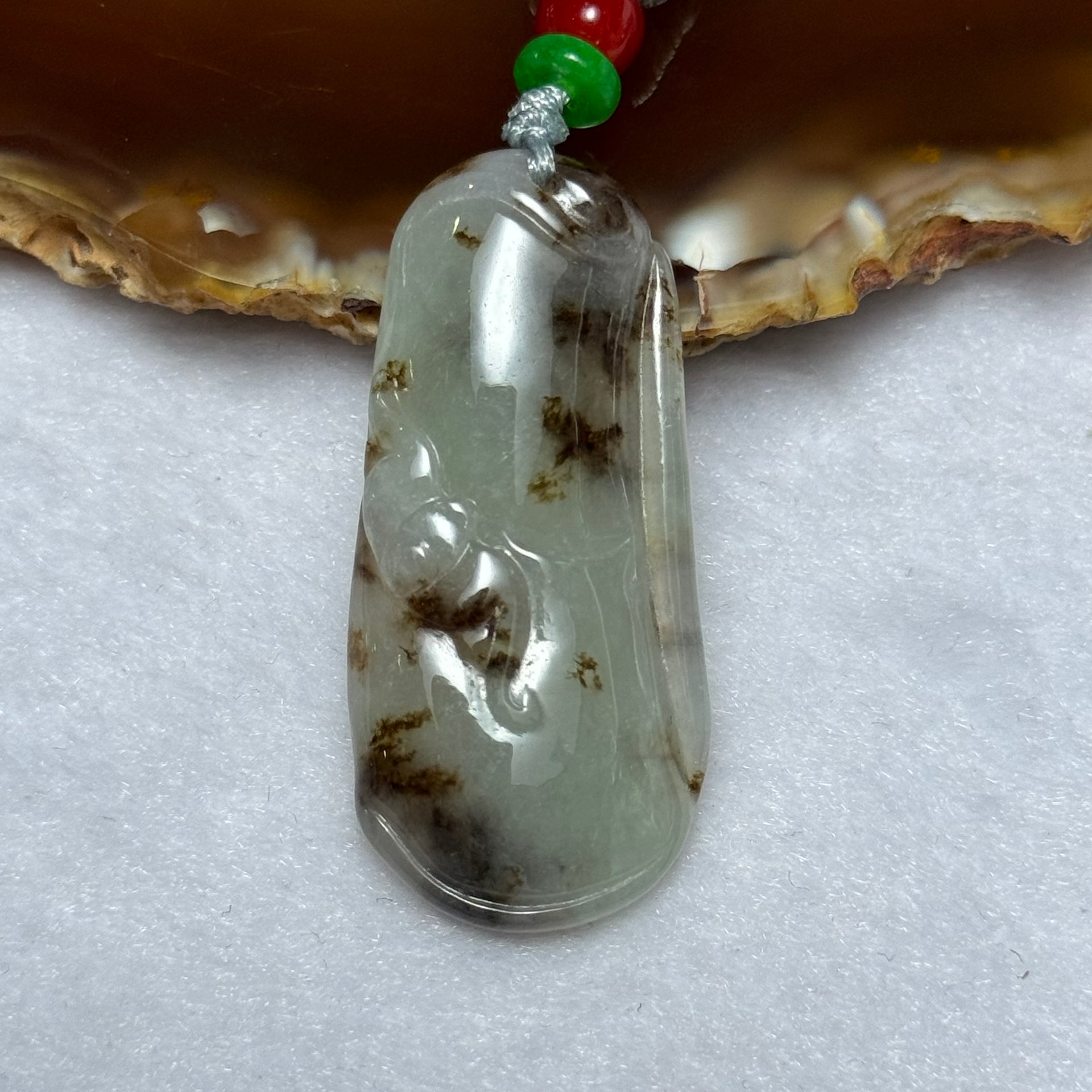 Rare Type A Faint Green with Brown Piao Hua Jadeite Bamboo with Bat Pendant 11.20g 42.0 by 17.6 by 5.7mm - Huangs Jadeite and Jewelry Pte Ltd