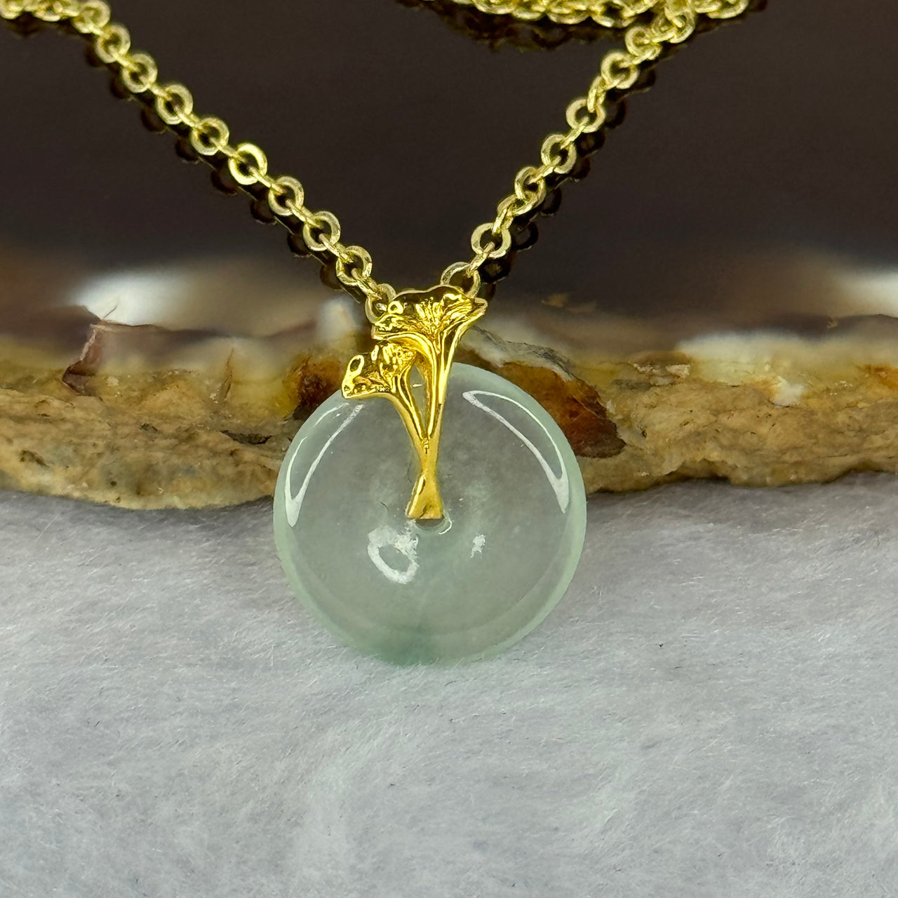 Type A Icy Light Green Jadeite Ping An Kou Donut 18K Yellow Gold Pendant 1.16g 12.8 by 12.8mm In Sliver Gold Color Necklace Total 2.72g