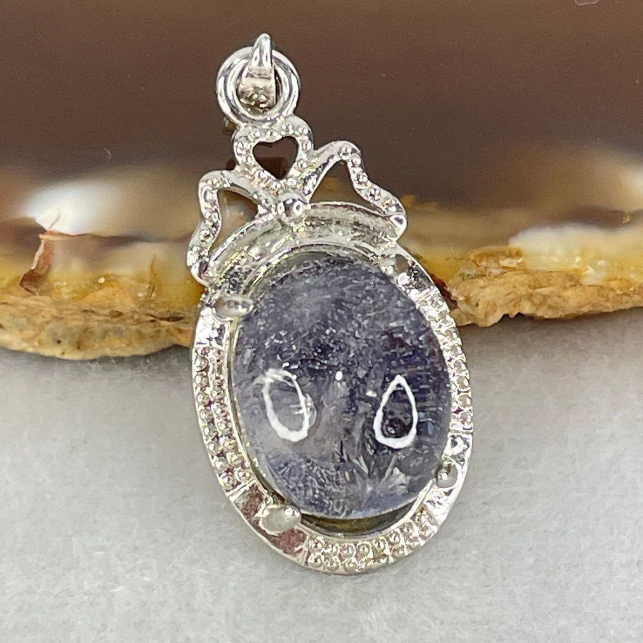 Good Grade Rare Natural Blue Dumortierite Rutilated Quartz in S925 Pendant 3.67g 12.7 by 10.9 by 7.5mm