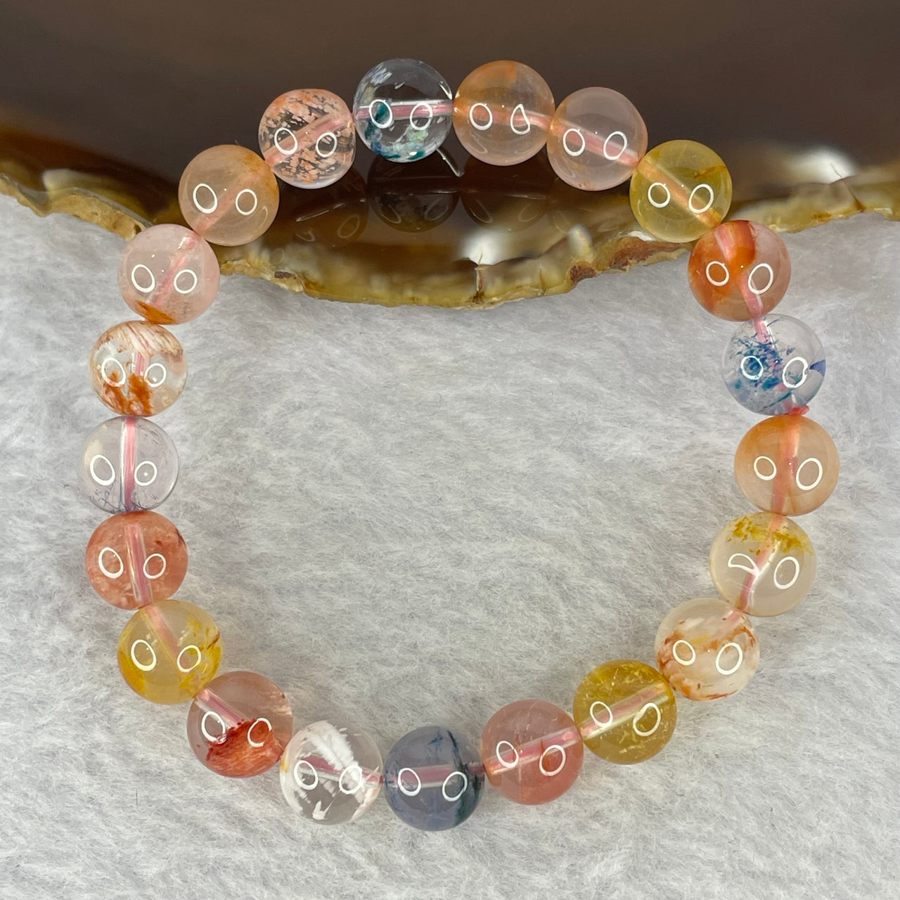 Natural Mixed Colour Snow Phantom Quartz Bracelet 天然雪花幽灵彩幽灵胶花圆珠手链 22.22g 16cm 9.4mm21 Beads - Huangs Jadeite and Jewelry Pte Ltd