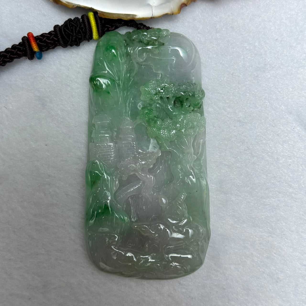 Type A Lavender and Spicy Green Piao Hua Jadeite Shan Shui and Benefactor 87.19g 79.4 by 40.7 by 11.7mm - Huangs Jadeite and Jewelry Pte Ltd