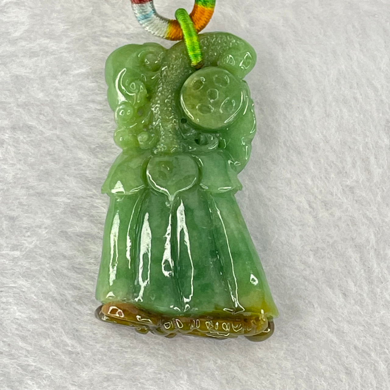 Type A Full Bright Spicy Green and Brown Jadeite Flower Dragonfly Ruyi Coin 17.01g 42.4 by 24.3 by 9.2mm