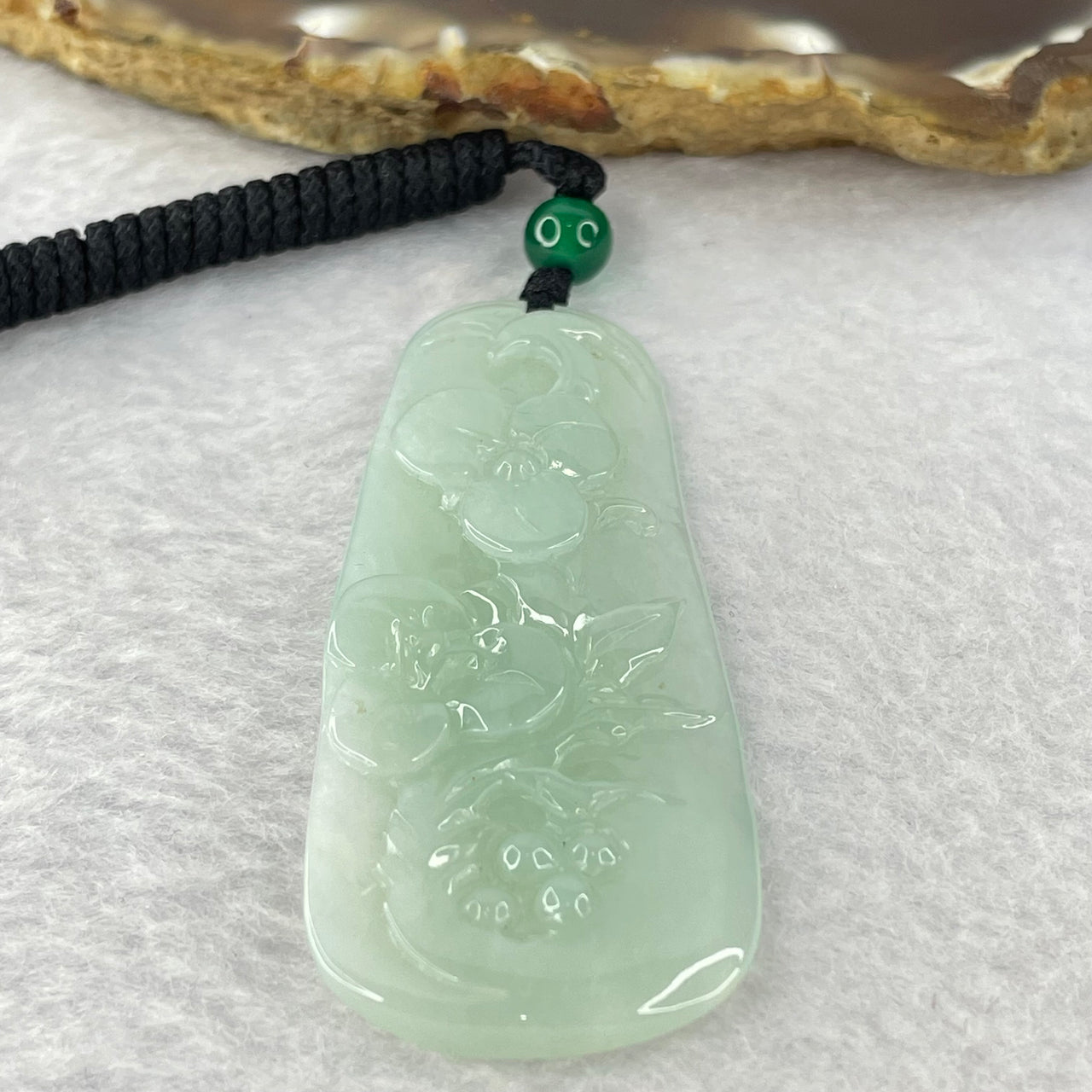 Type A Semi Icy Green Jadeite Flowers Pendent 18.53g 58.4 by 24.3 by 5.2mm