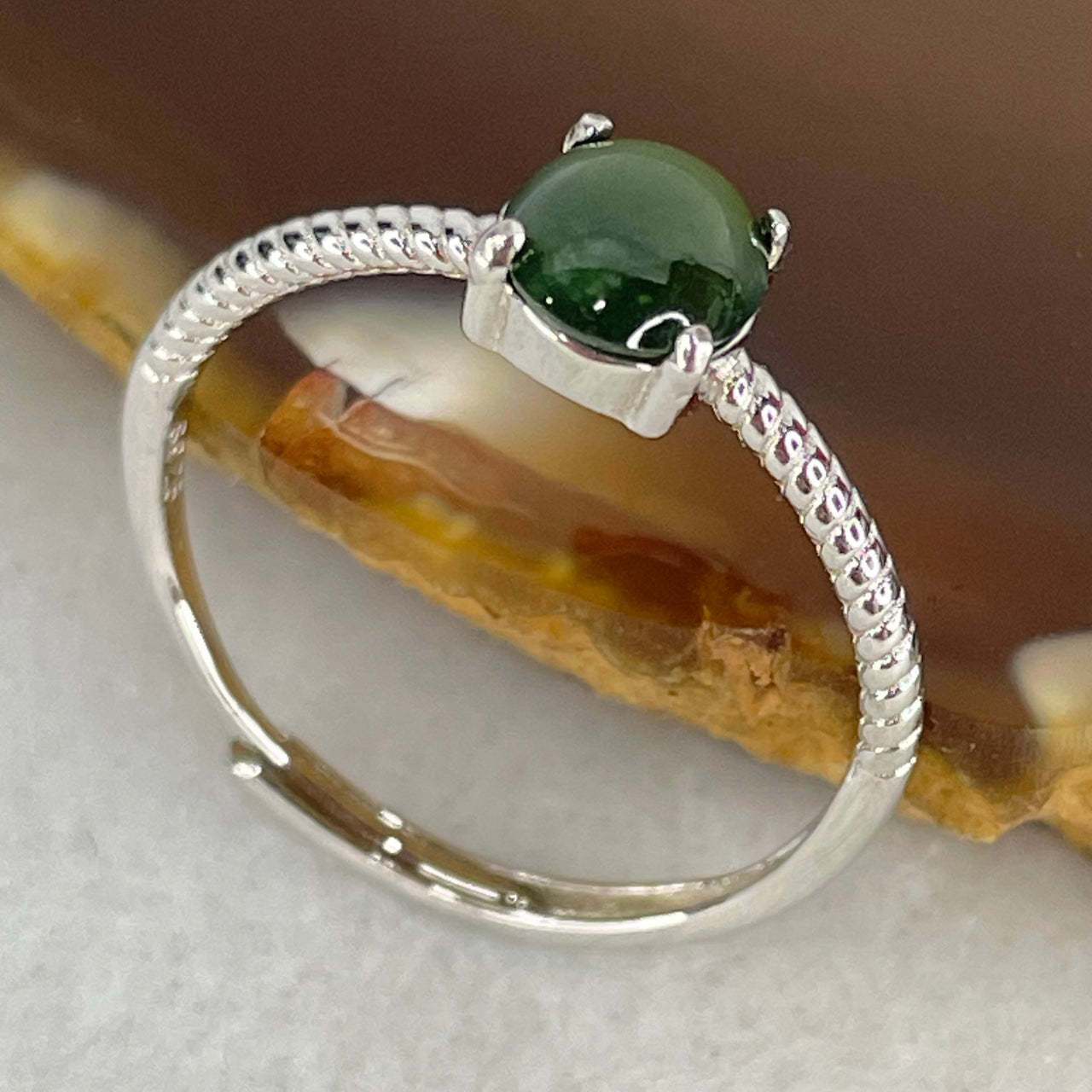 Type A Dark Green Cabochon Jadeite in S925 Sliver Ring (Adjustable Size) 1.15g 6.6 by 5.8 by 2.5mm