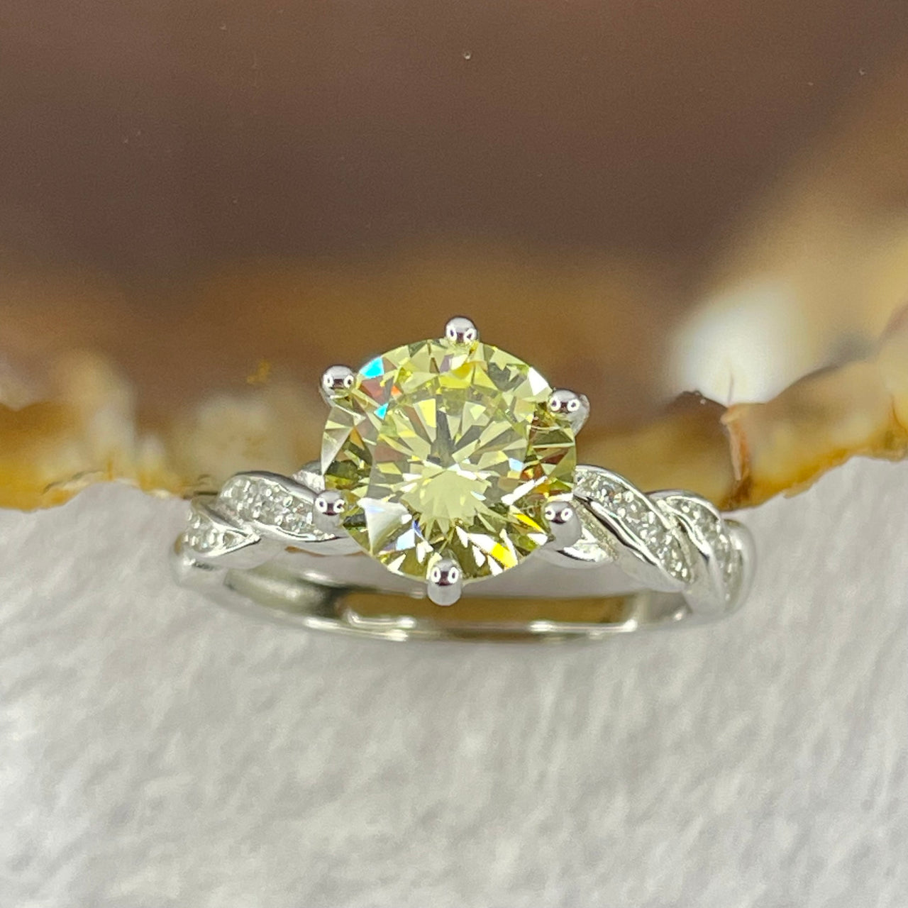 Yellow Cubic Zirconia with Crystals in S925 Sliver Ring (Adjustable Size) 2.64g 7.7 by 5.0mm