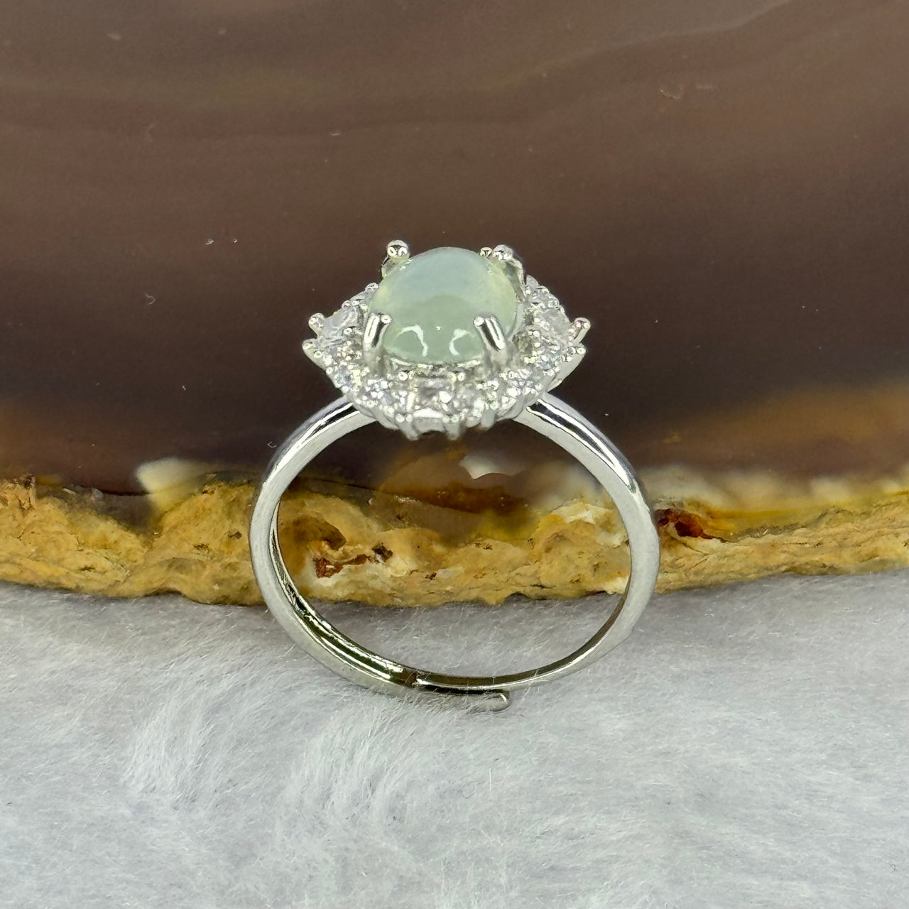 Type A Semi Icy Light Green Jadeite with Crystals in S925 Sliver Ring (Adjustable Size) 2.67g 8.6 by 7.2 by 3.5mm