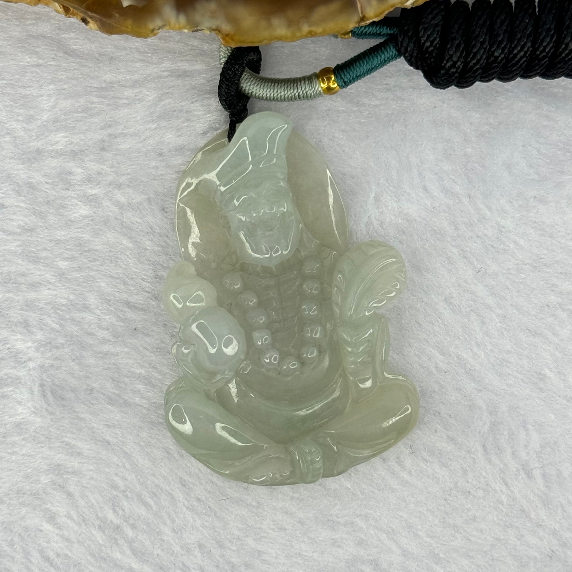 Type A Light Green Lavender Jadeite Ji Gong Pendent/ Mini Display with Wooden Stand 107.83g 83.0 by 75.4 by 46.6mm - Huangs Jadeite and Jewelry Pte Ltd