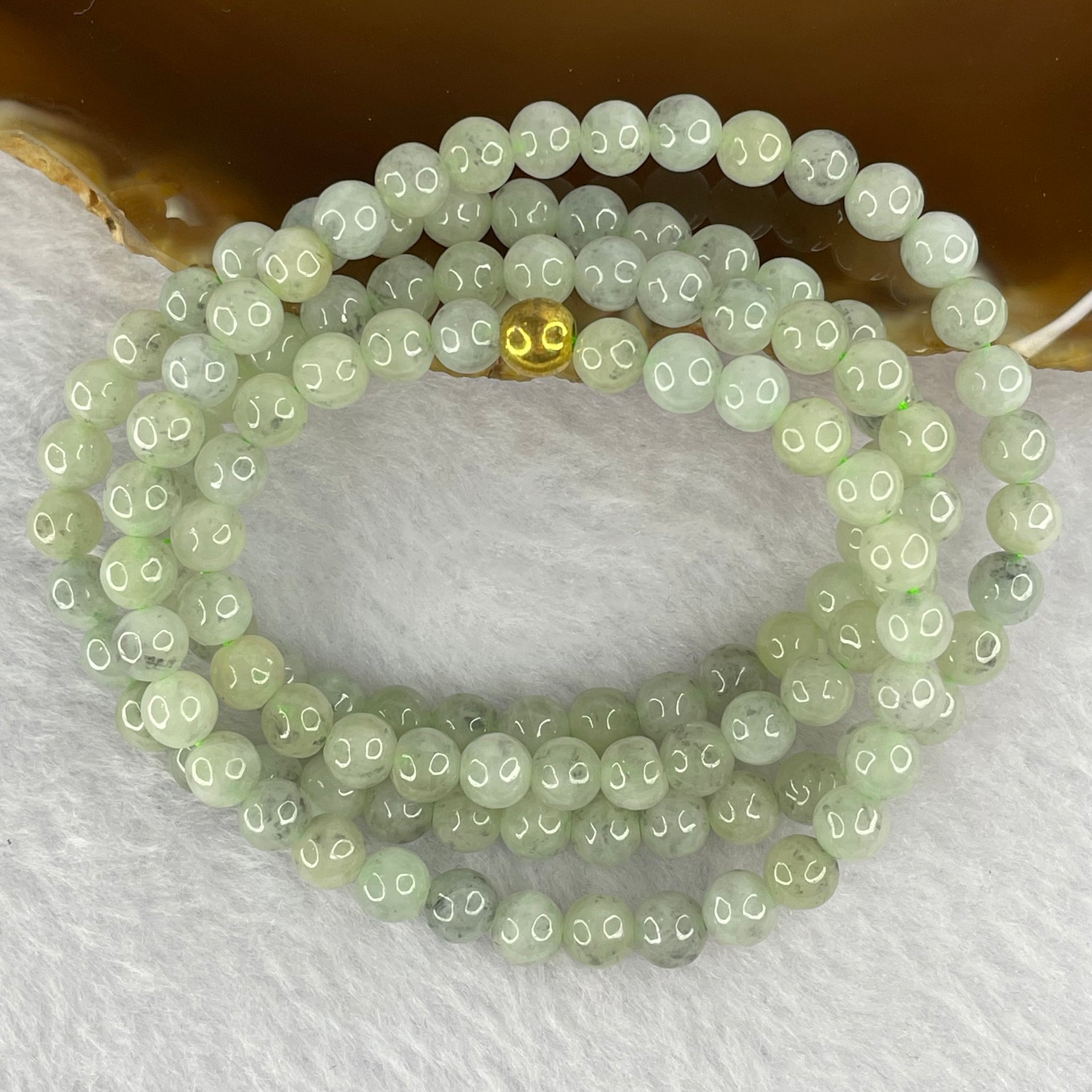 Type A Semi Icy Green with Wuji Grey Piao Hua Beads Necklace 123 Beads 5.6mm 32.67g - Huangs Jadeite and Jewelry Pte Ltd