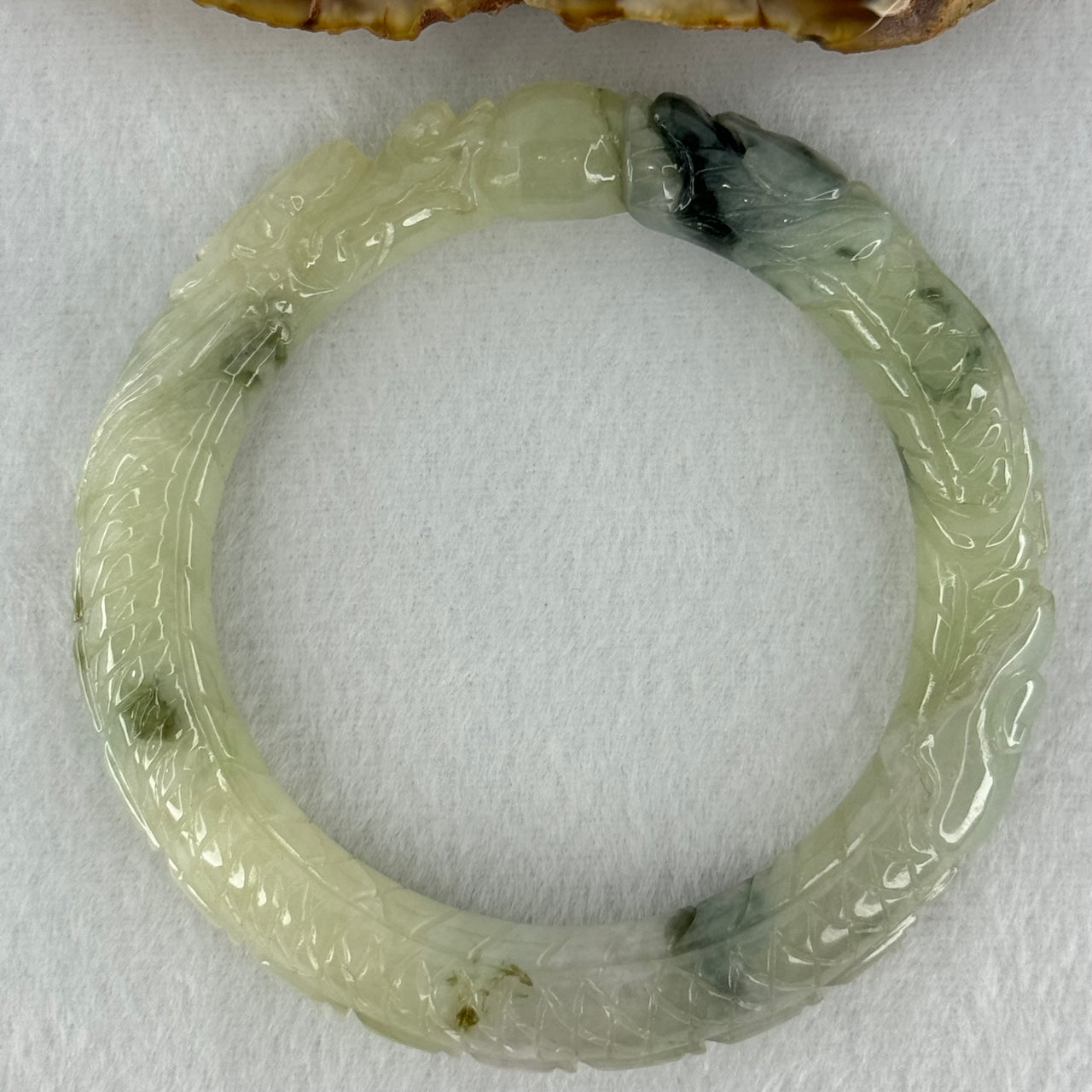 Type A Light Green with Moss Green Piao Hua Jadeite Dragon Bangle Internal Diameter 57.1mm 62.53g 11.5 by 12.4mm (Internal Line)