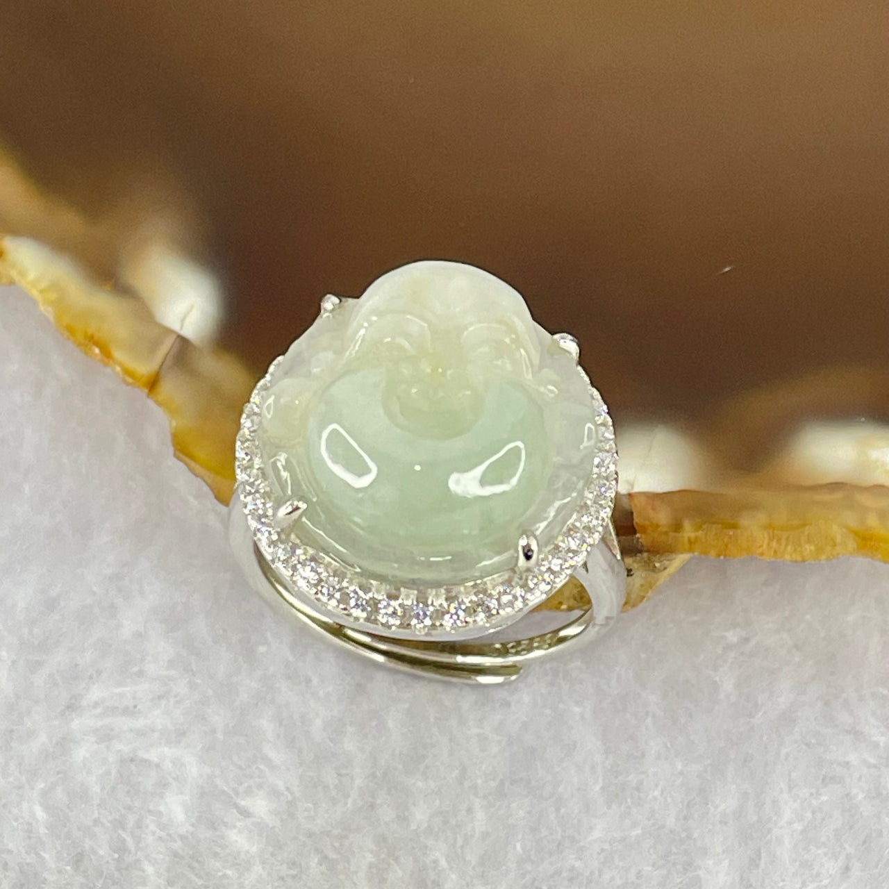 Type A Faint Lavender Green Jadeite Milo Buddha in S925 Ring (Adjustable Size) 5.73g 15.7 by 15.7 by 7.5mm