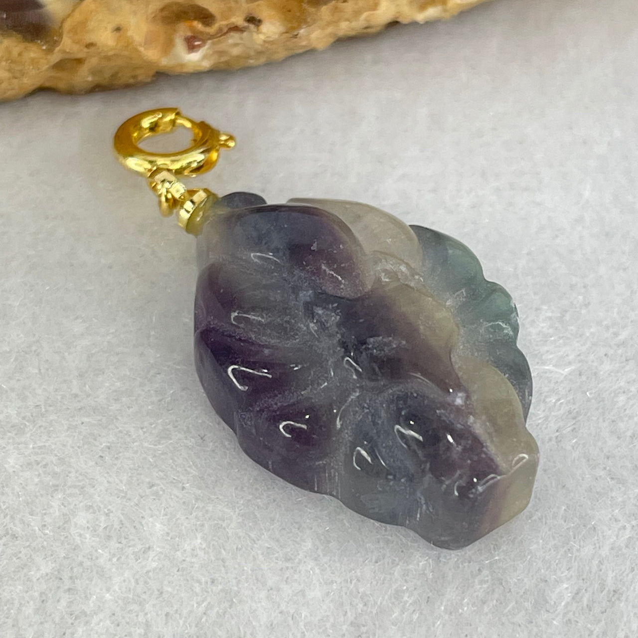 Natural Purple and Green Fluorite 9 Tail Fox Charm Pendant 5.58g 24.9 by 16.2 by 8.1mm